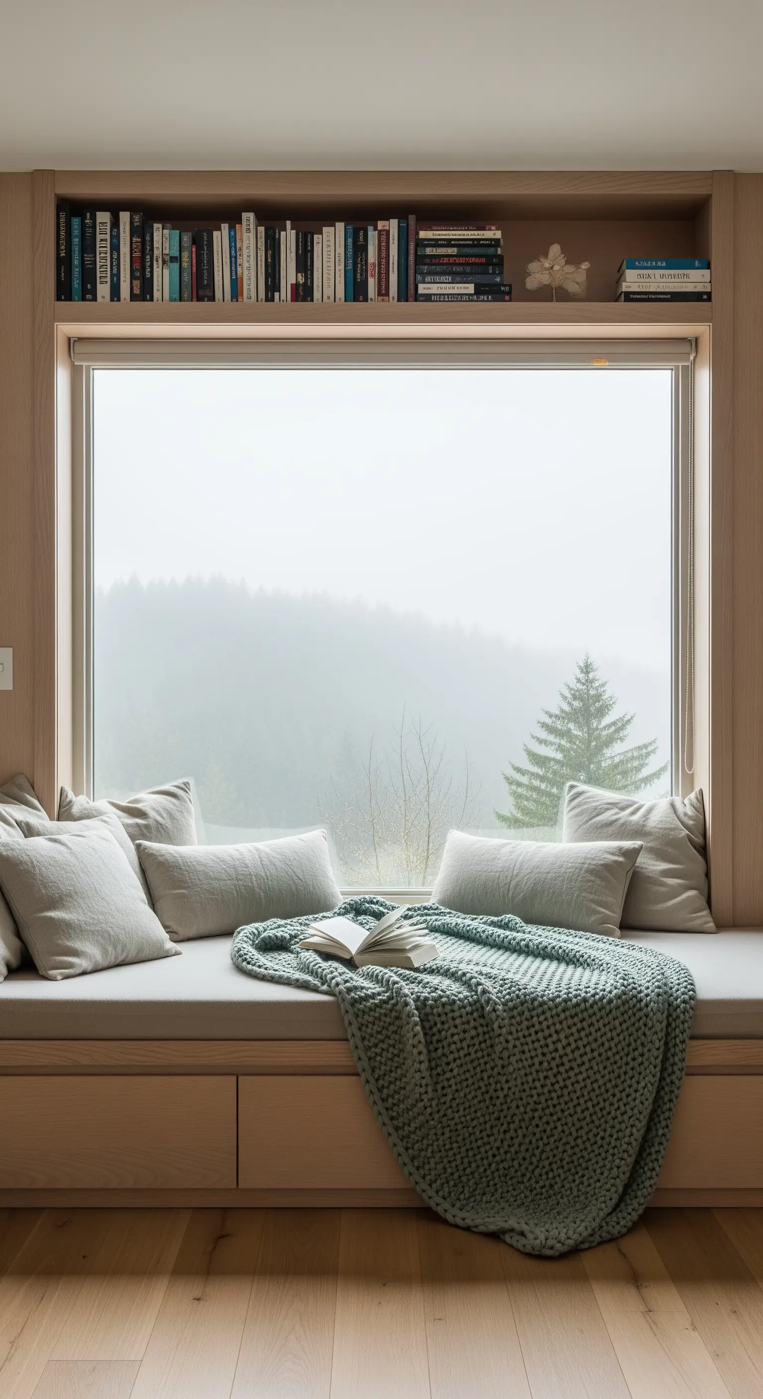 Ampia panca-finestra in legno chiaro con vista su una foresta nebbiosa, ricca di cuscini e una coperta verde.