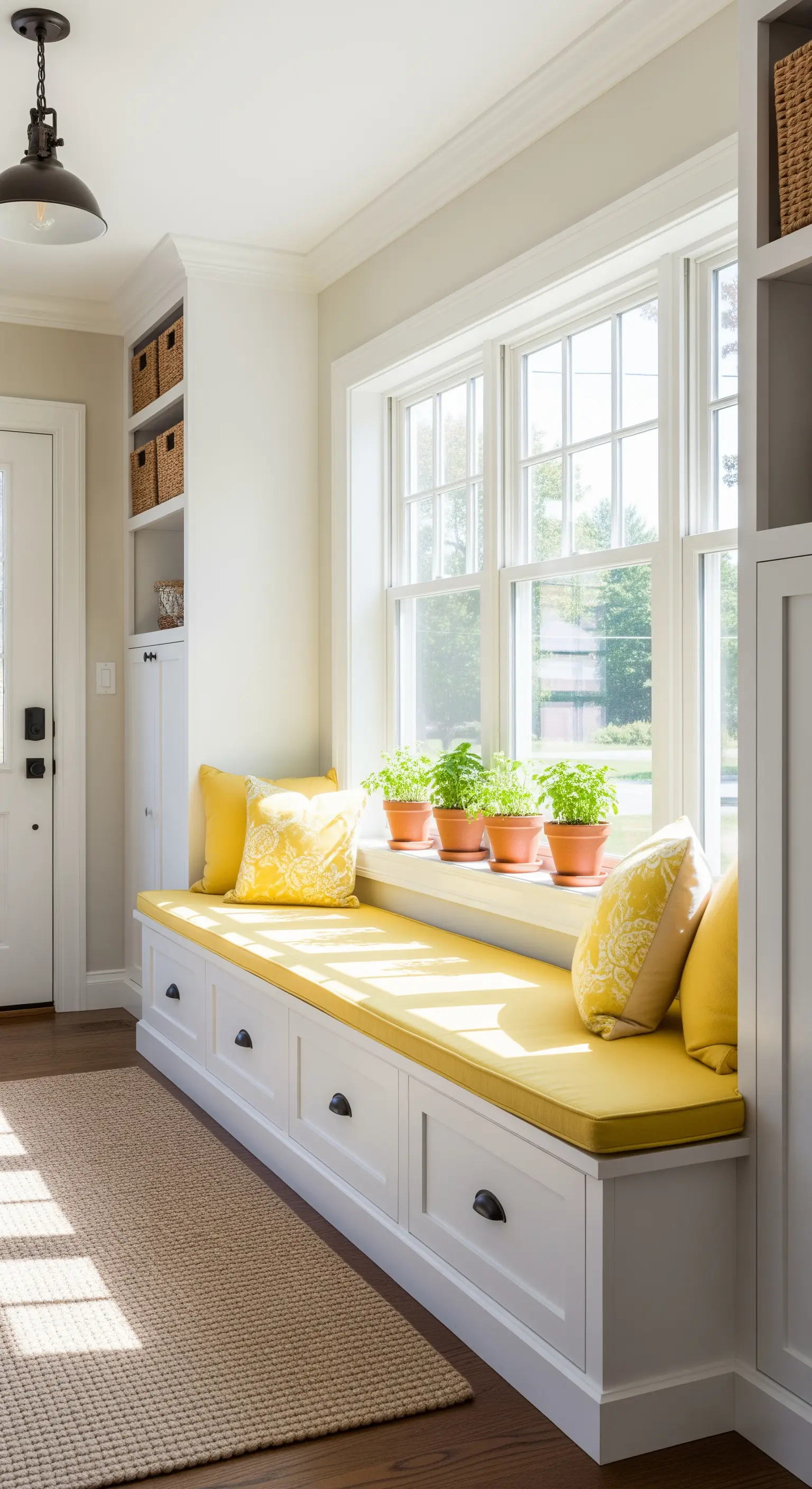 Panca bianca sotto una grande finestra, con un lungo cuscino giallo e piante aromatiche.