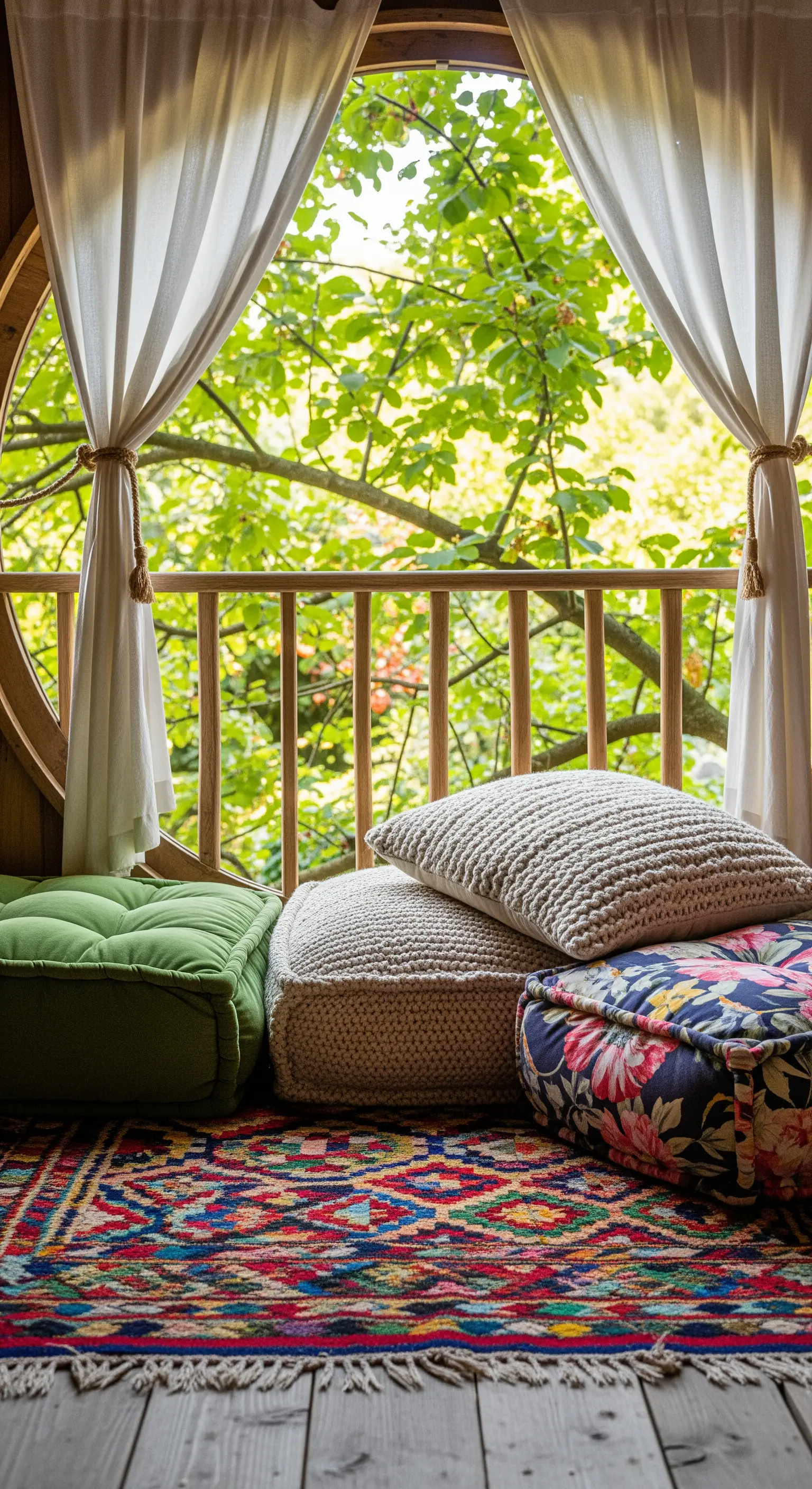 Angolo lettura vicino a una finestra rotonda con cuscini da terra e tappeto kilim.