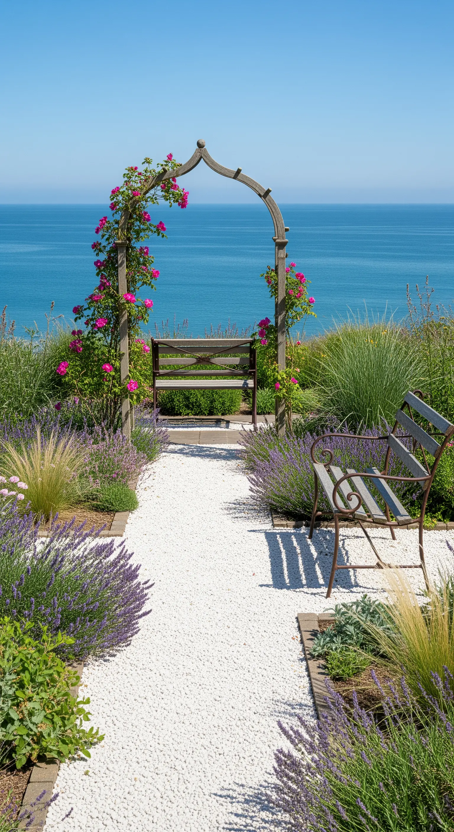 Arco di legno con rose affacciato sul mare, con panchine e sentiero di ghiaia bianca.