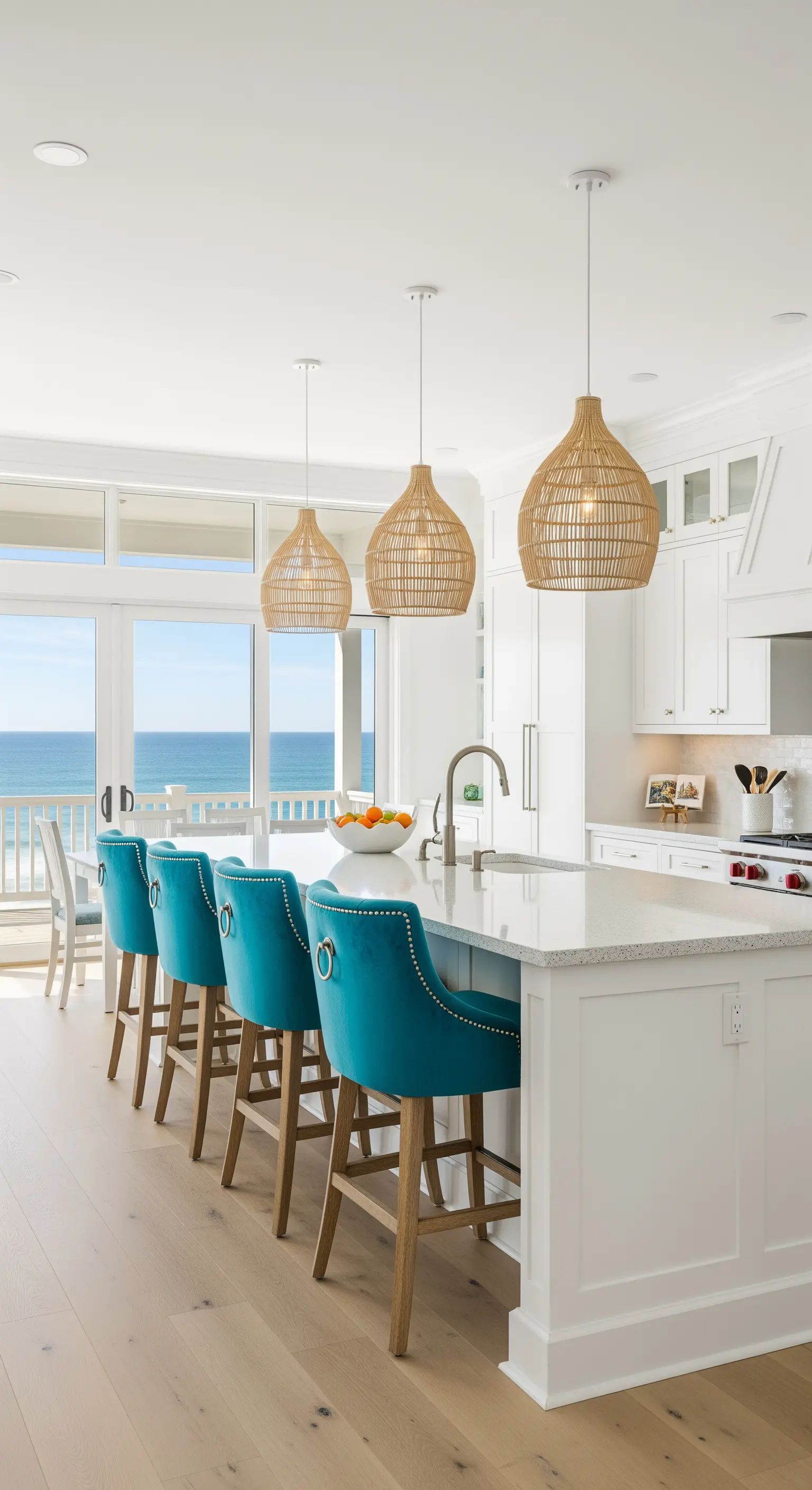 Cucina bianca con vista mare, sgabelli in velluto turchese e lampade a sospensione in rattan