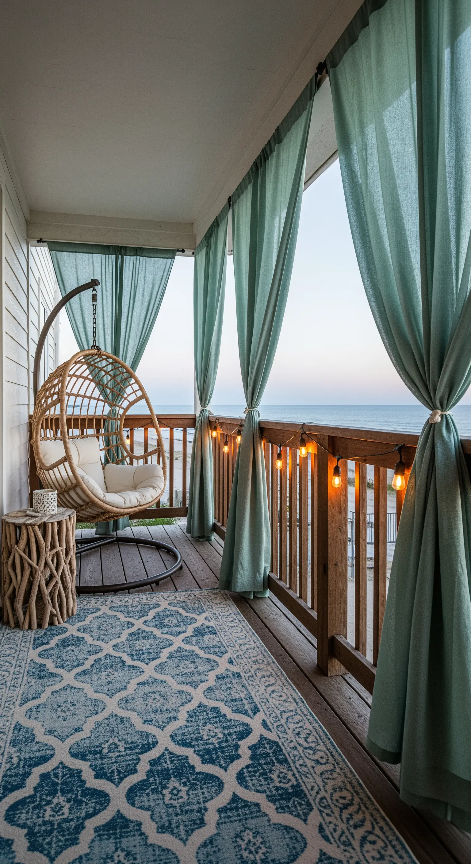 Balcone vista mare con sedia a dondolo in rattan, tappeto blu e tende verde acqua.