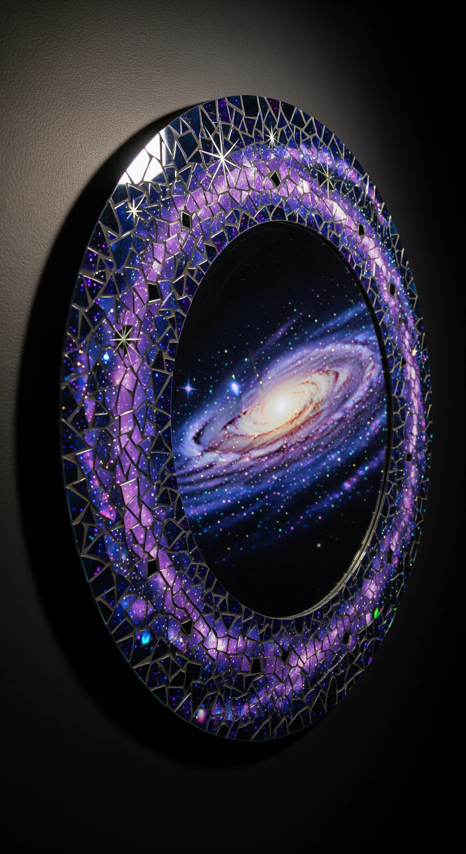 Oggetto decorativo rotondo con l'immagine di una galassia, incorniciato da un mosaico viola.