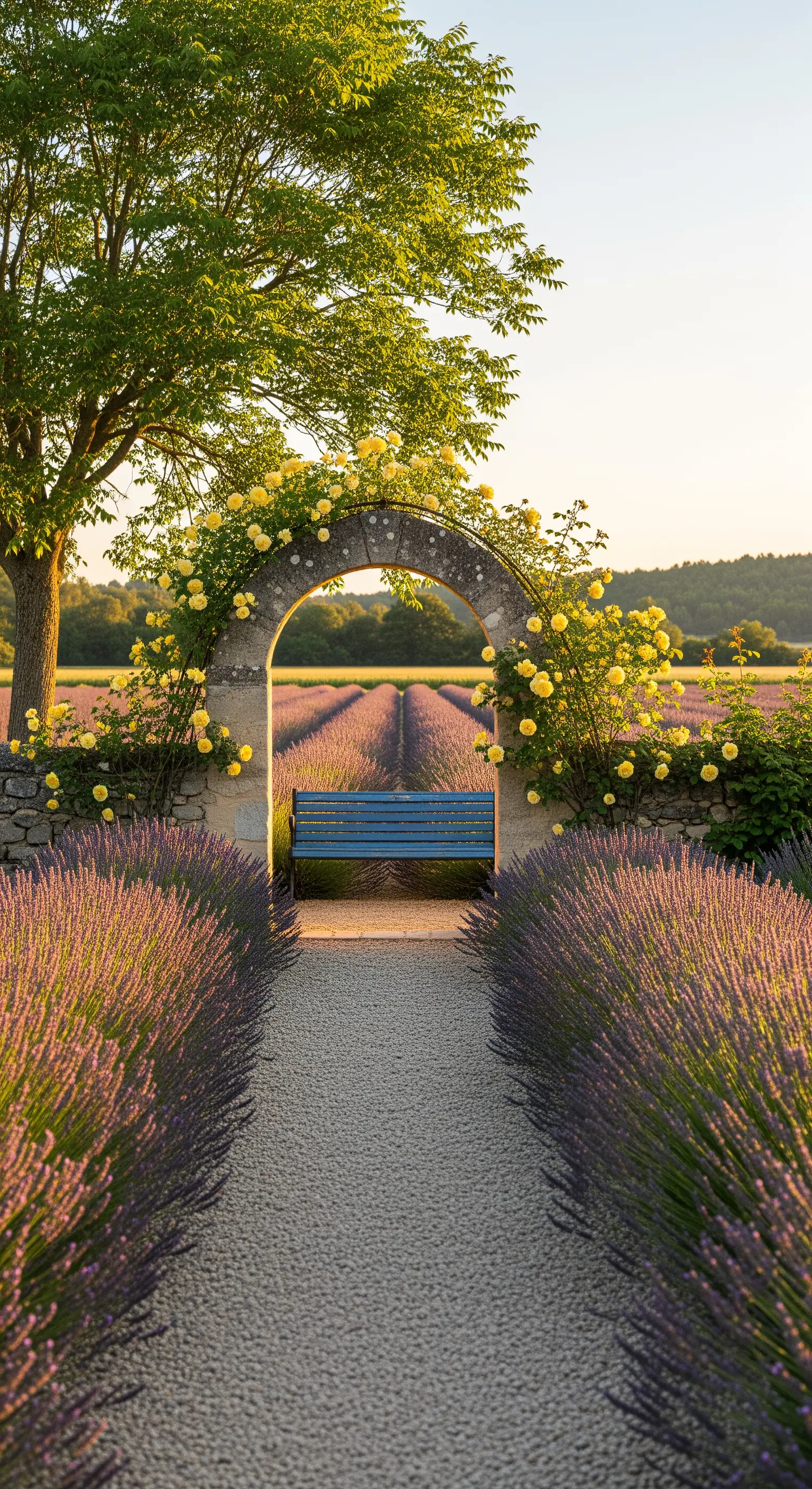 Arco in pietra con rose gialle che si affaccia su un campo di lavanda, con una panchina blu al centro