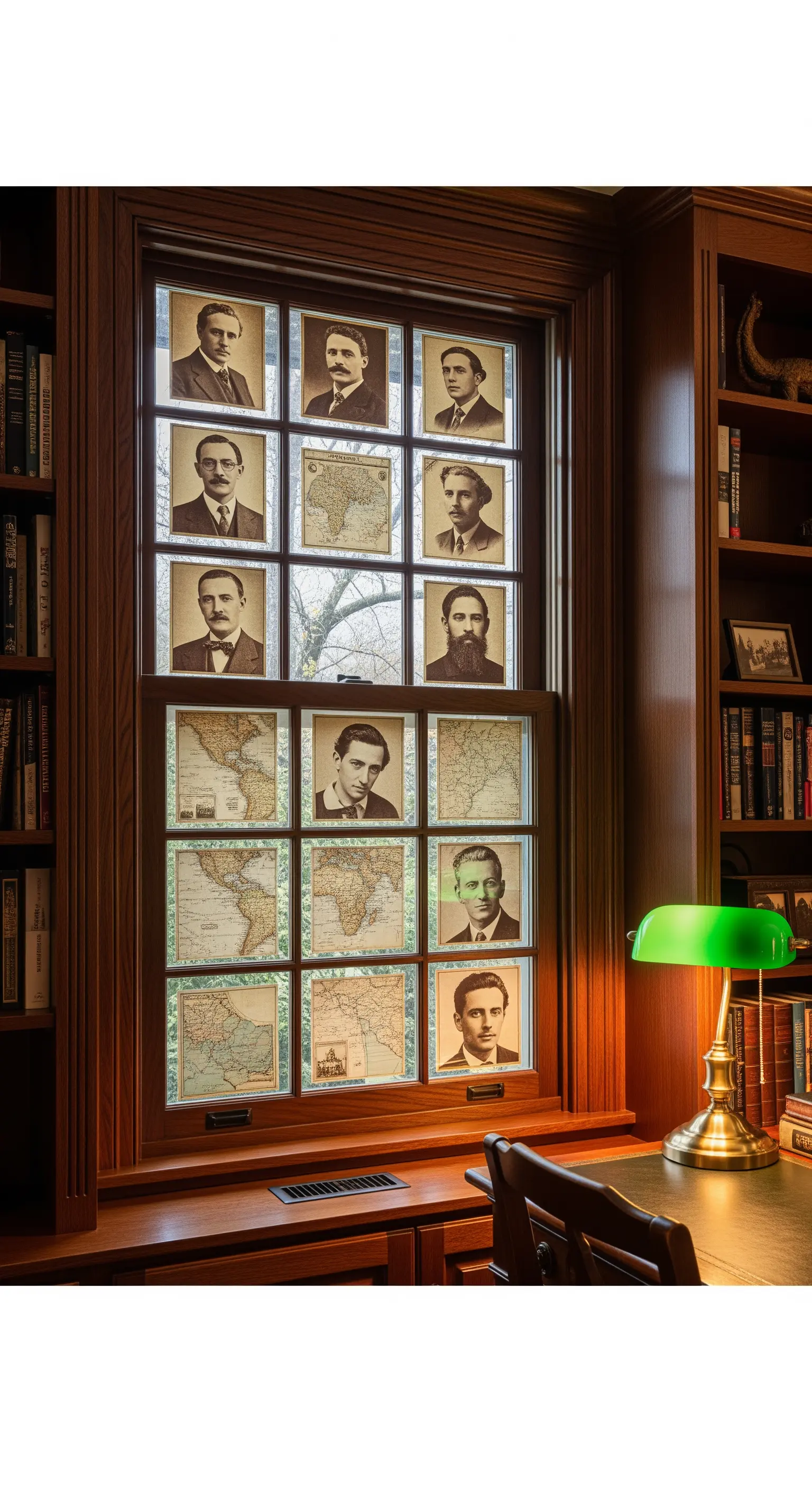 Vecchia finestra inserita in una libreria in legno, con ritratti storici e mappe antiche.