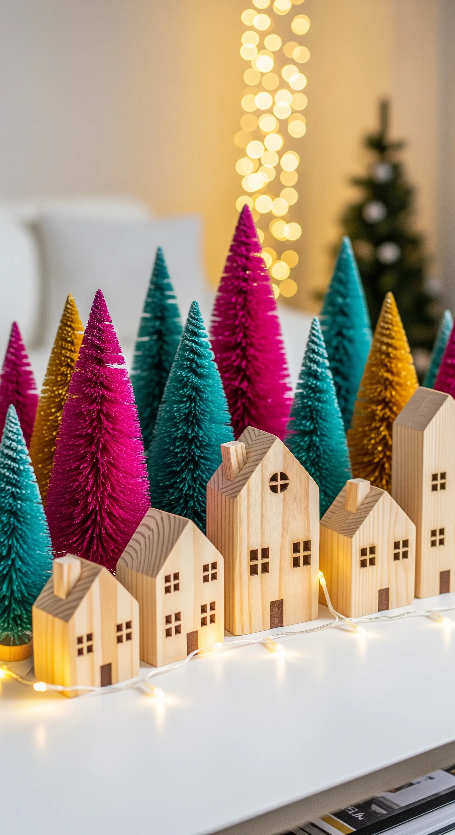 Casette in legno chiaro circondate da alberelli colorati fucsia, gialli e turchesi.