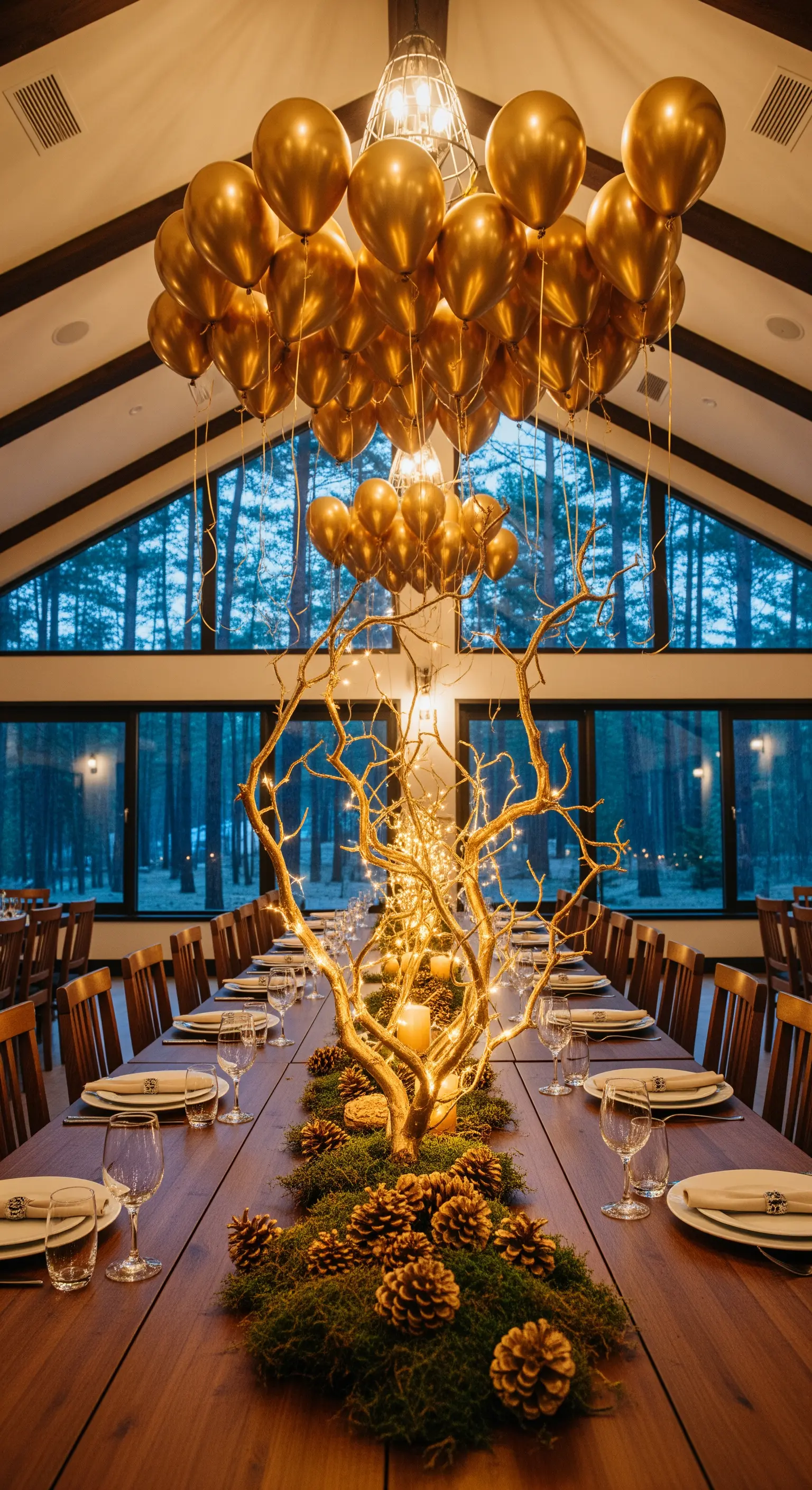 Tavola rustica con centrotavola di rami illuminati, muschio e pigne, con palloncini oro.