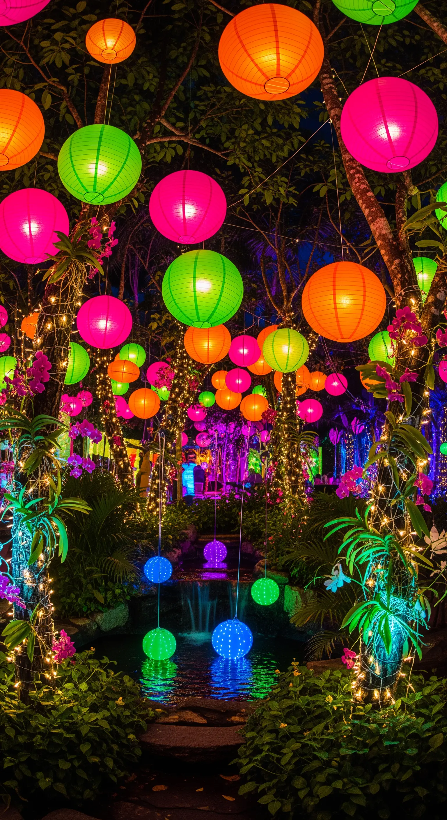 Giardino notturno pieno di lanterne di carta colorate appese agli alberi e lucine scintillanti.