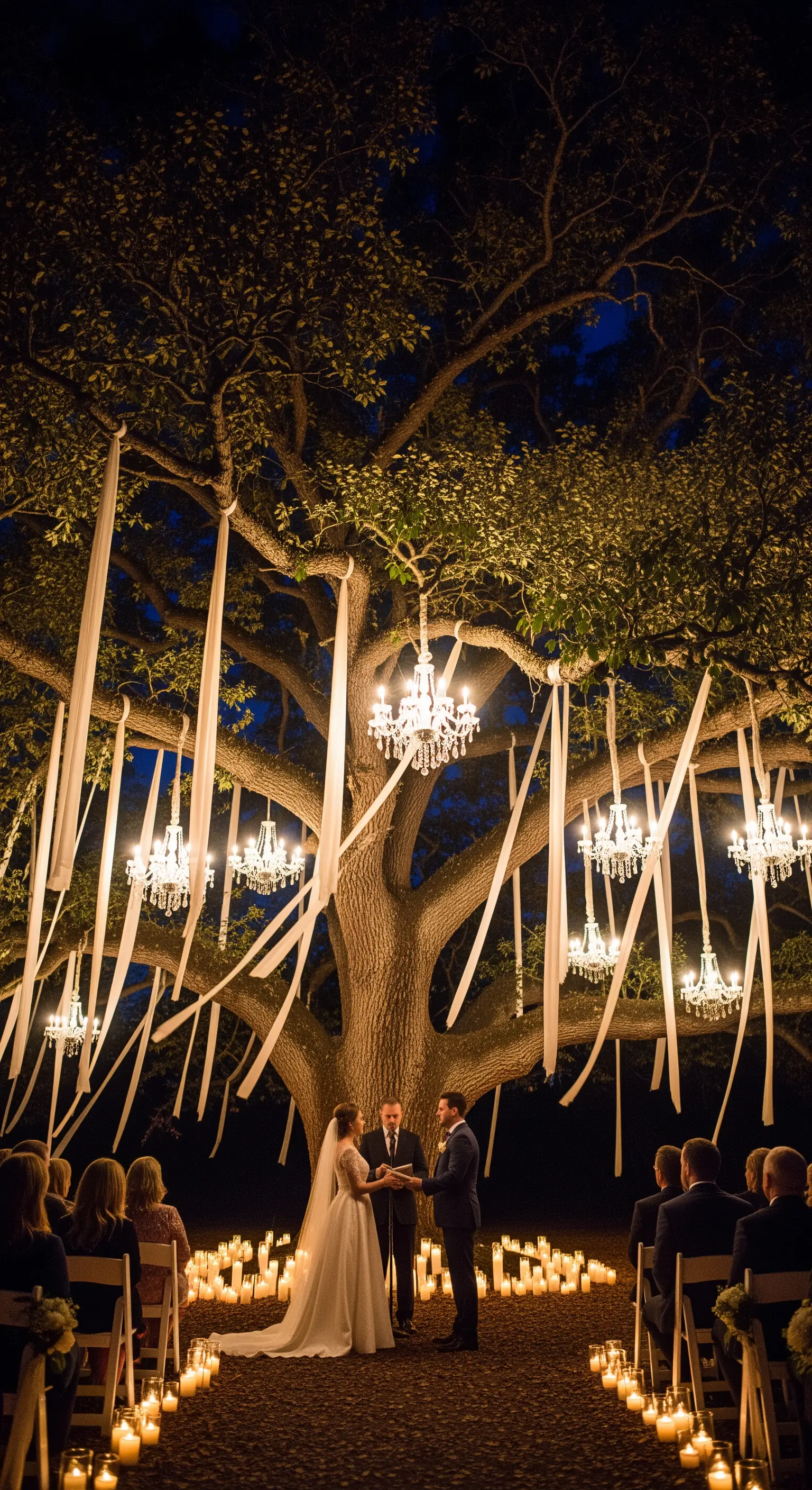 Cerimonia nuziale notturna sotto un grande albero addobbato con chandelier, nastri e candele.