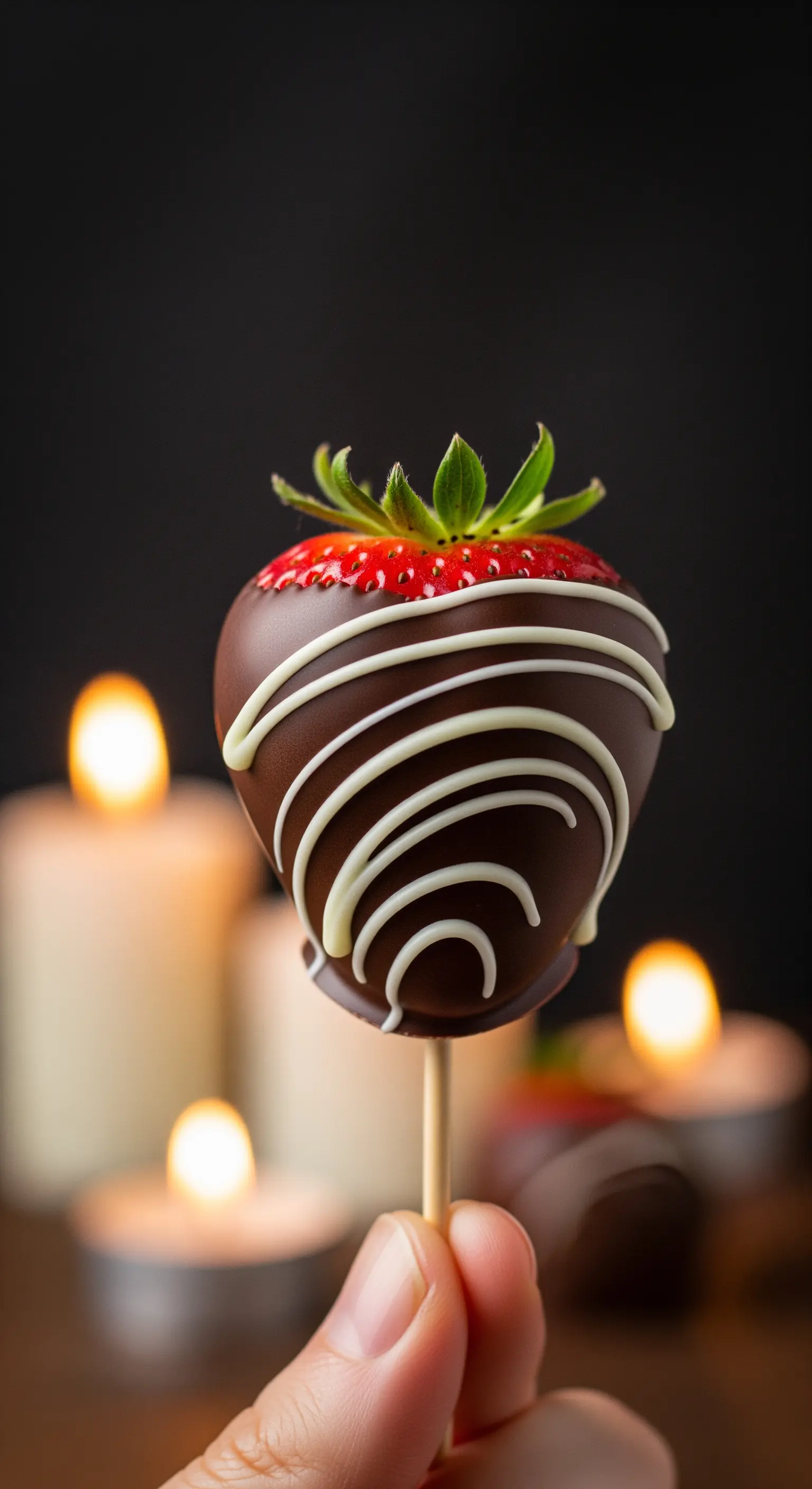 Mano che tiene una fragola ricoperta di cioccolato, con candele accese sullo sfondo.