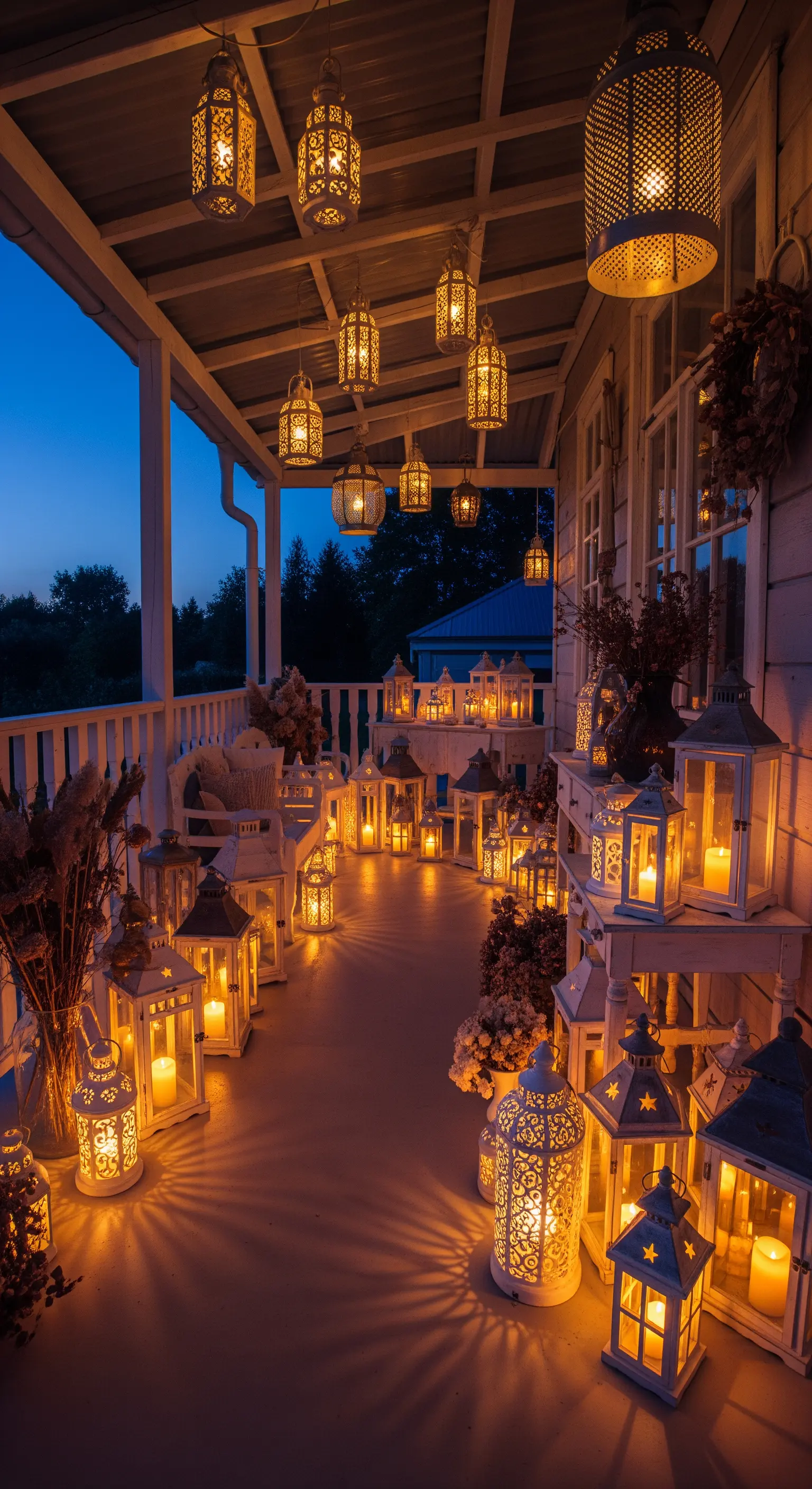 Veranda di notte completamente illuminata da decine di lanterne di forme e dimensioni diverse.