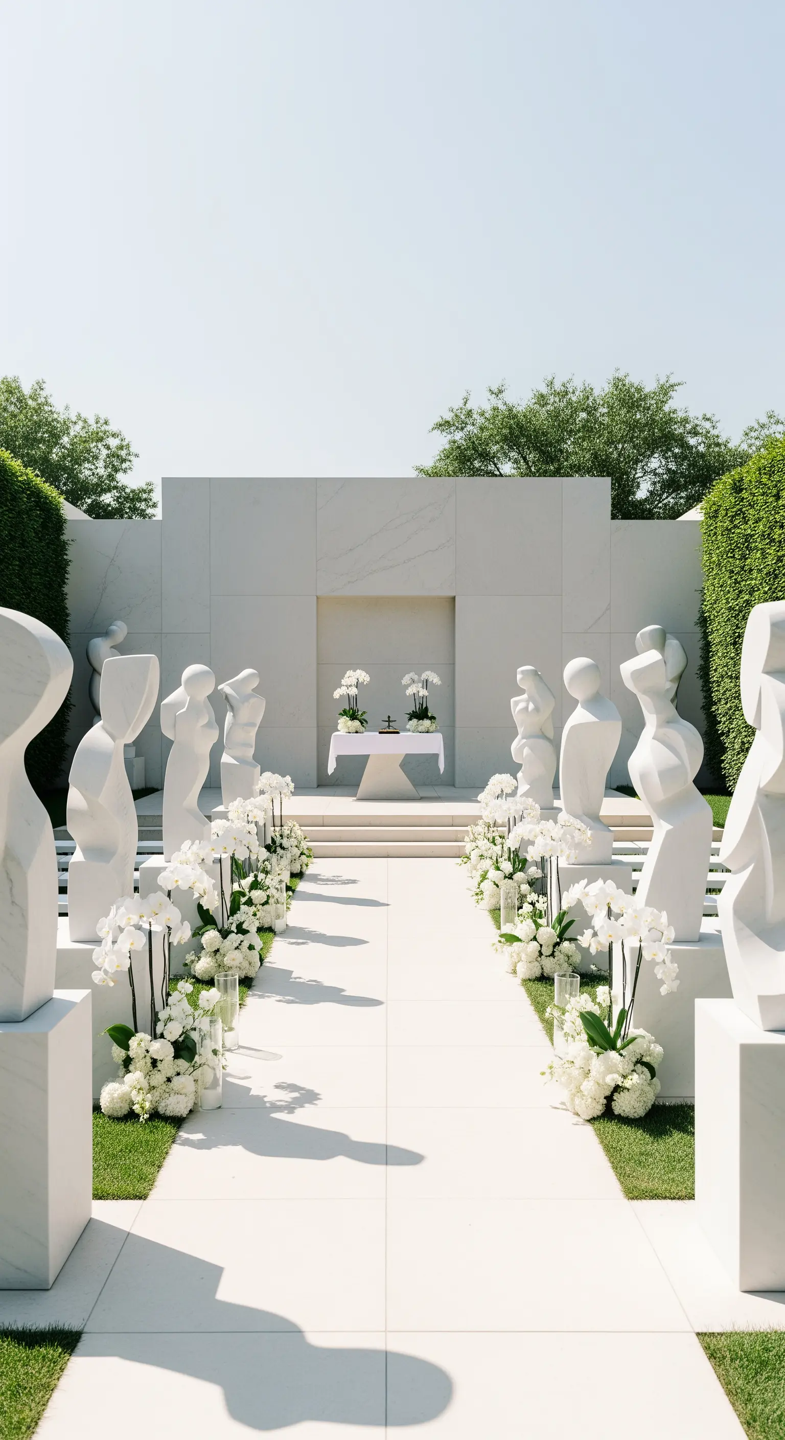 Navata nuziale all'aperto con sculture bianche astratte e composizioni di orchidee bianche.