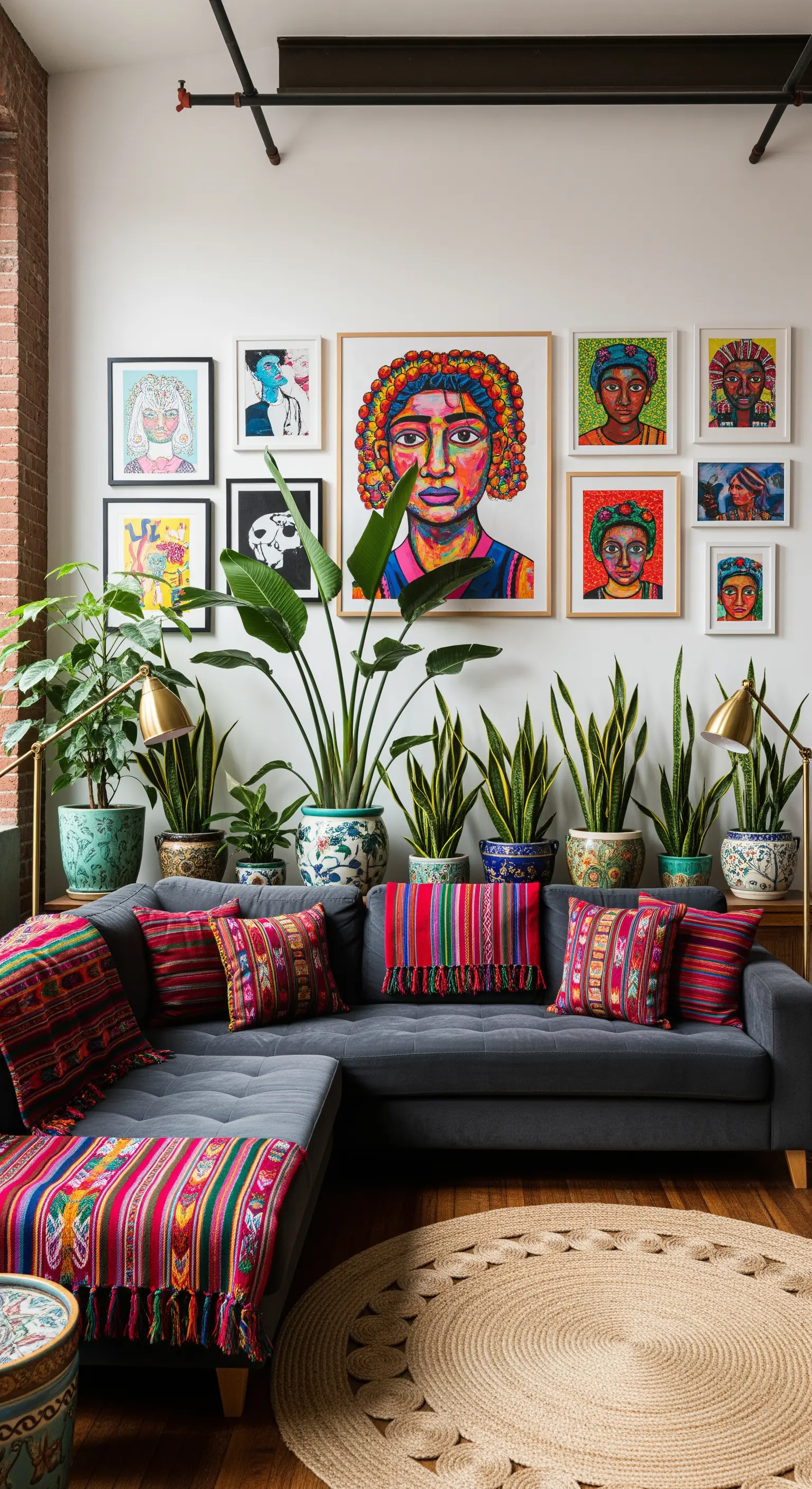 Parete galleria con ritratti colorati sopra un divano grigio con cuscini peruviani e piante.