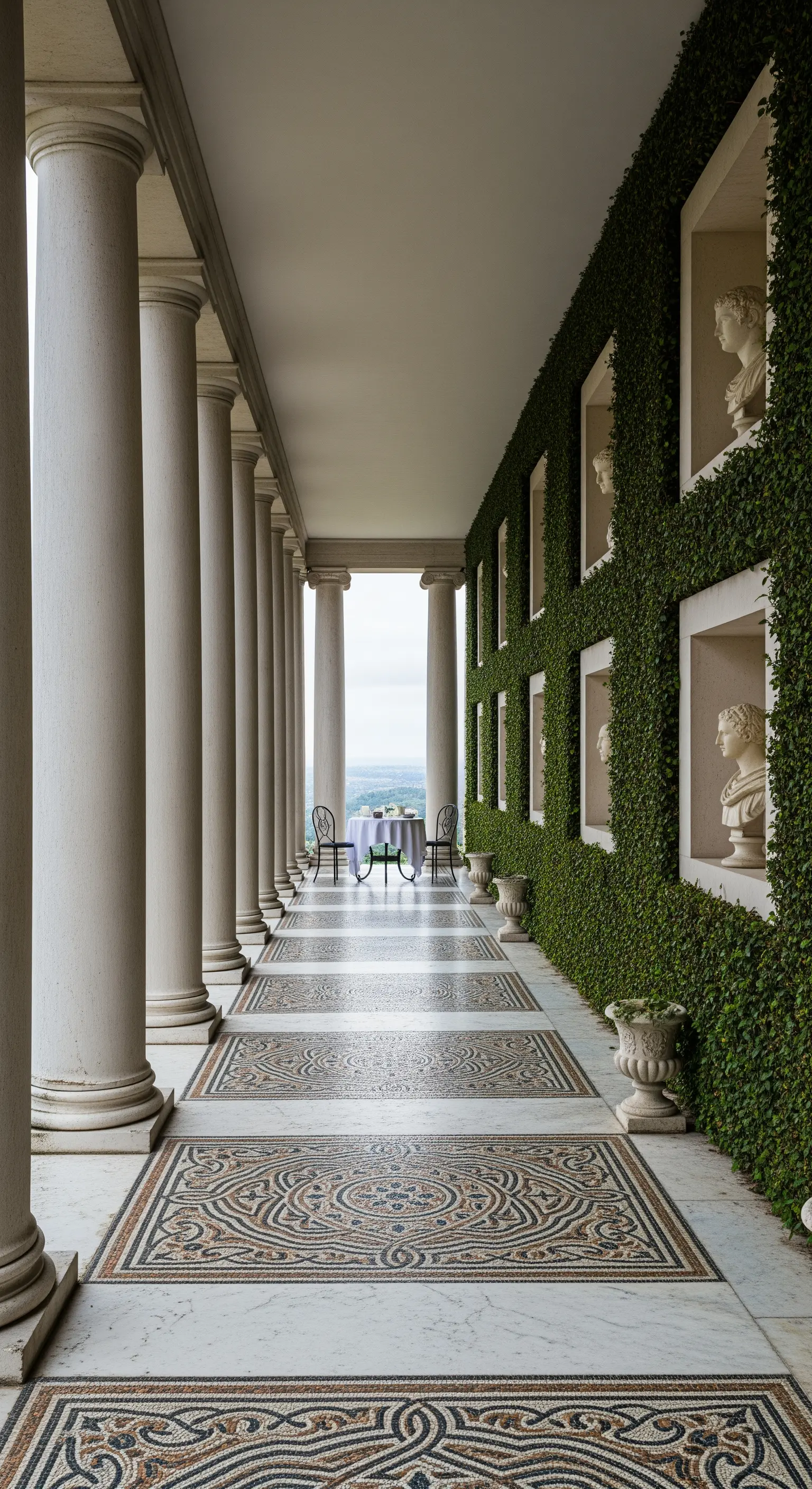 Lungo portico con colonne, pavimento a mosaico e una parete di edera con nicchie per busti.