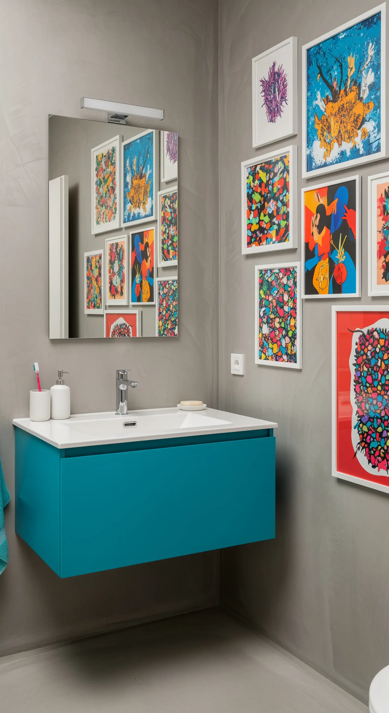 Bagno con pareti grigie, mobile lavabo turchese e una galleria di quadri colorati.
