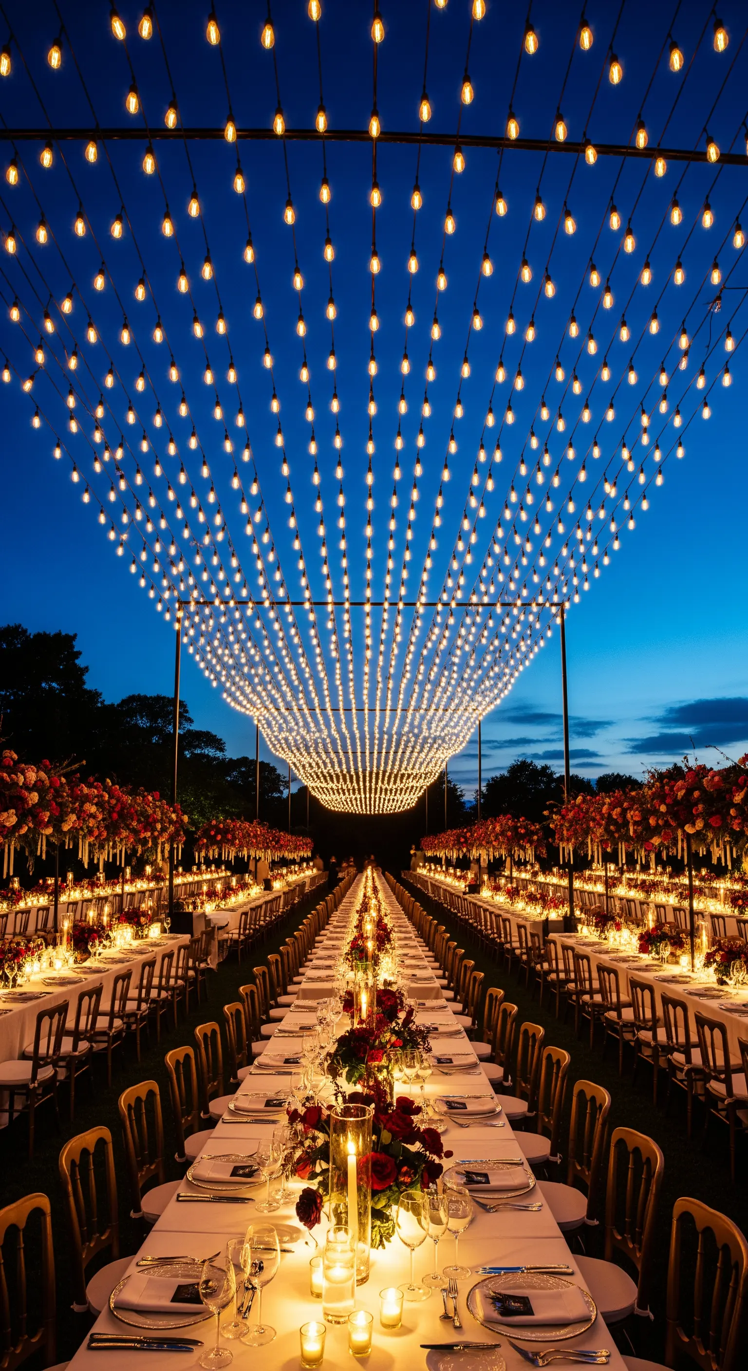 Lunghe tavolate da matrimonio sotto una spettacolare galleria di lampadine a bulbo al crepuscolo.