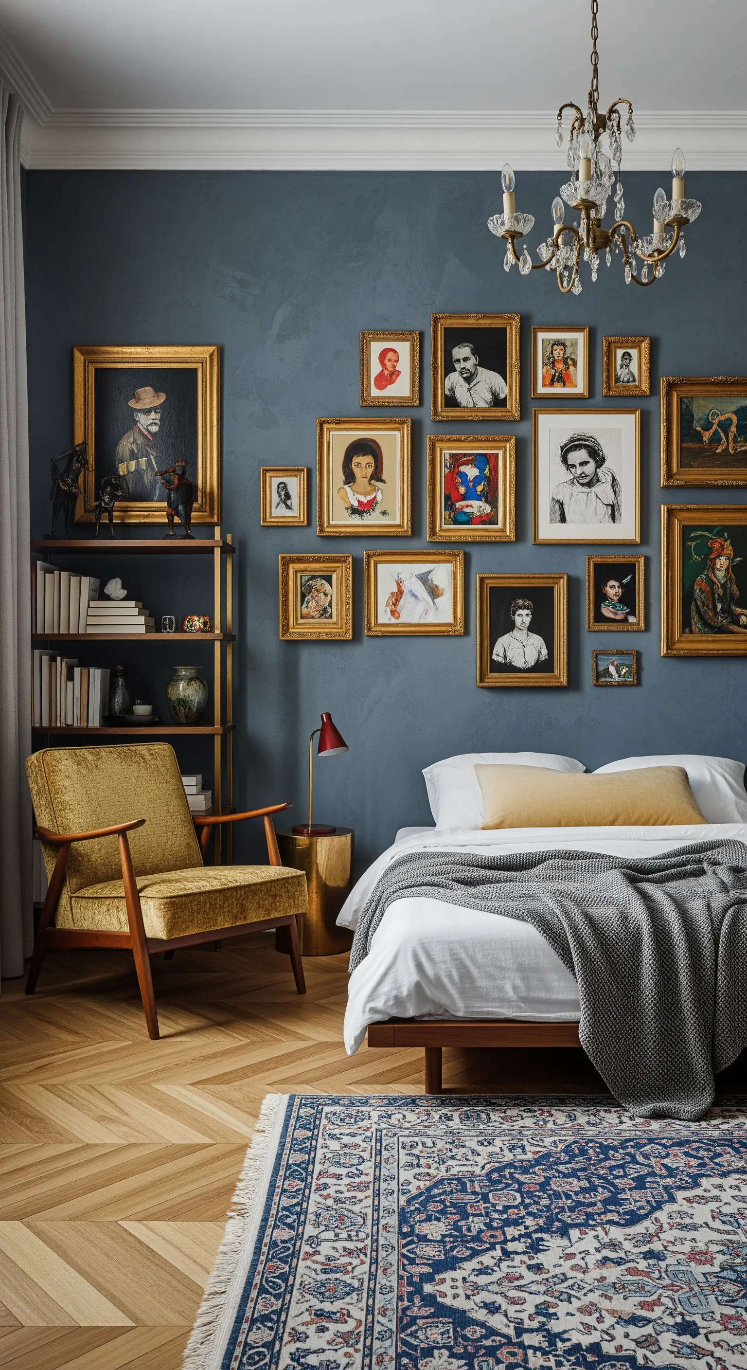 Parete galleria con ritratti in cornici dorate su un muro blu e poltrona gialla.