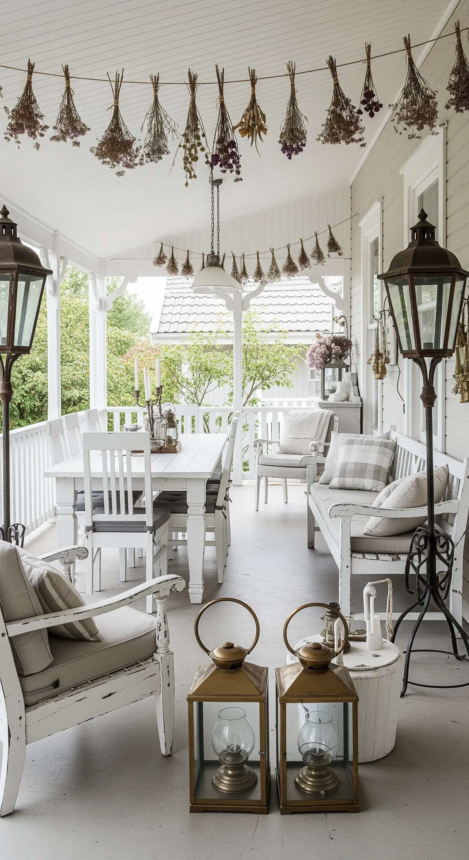 Veranda con zona pranzo bianca e una ghirlanda di mazzetti di fiori secchi appesi.