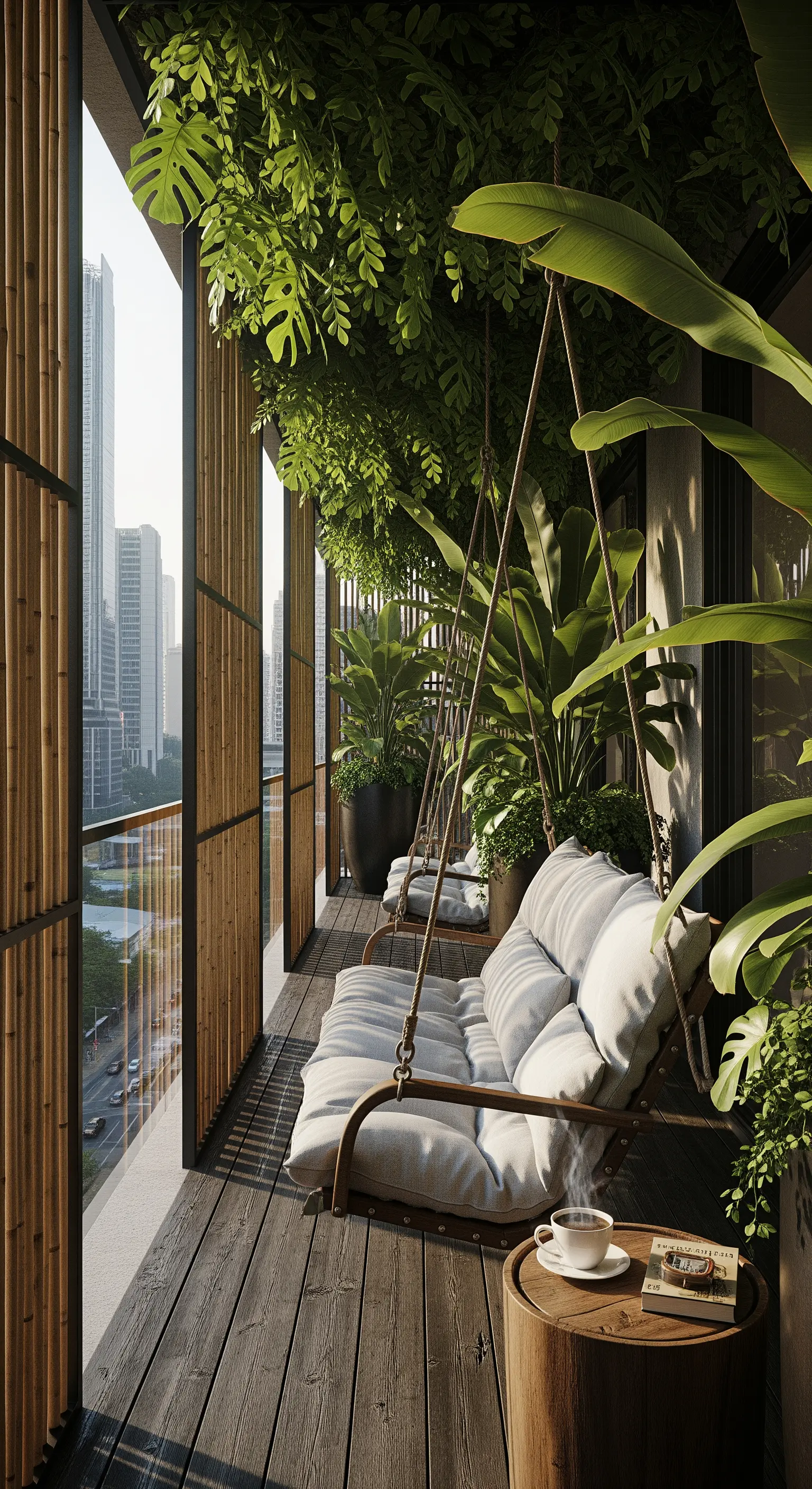 Ampio dondolo sospeso sotto un tetto di piante rigogliose su un balcone cittadino.