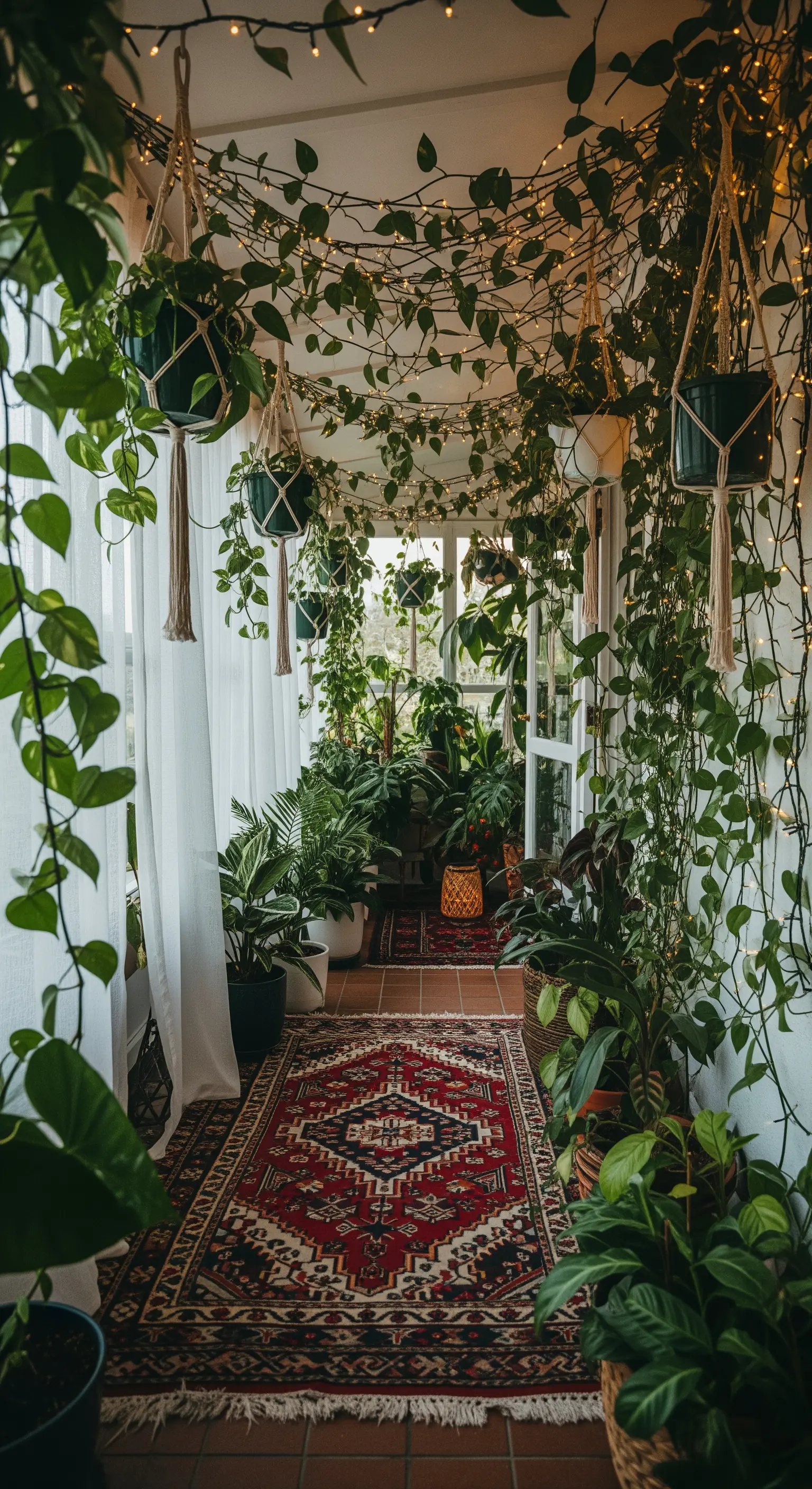 Veranda stretta e lunga trasformata in una giungla urbana con piante e tappeto persiano.