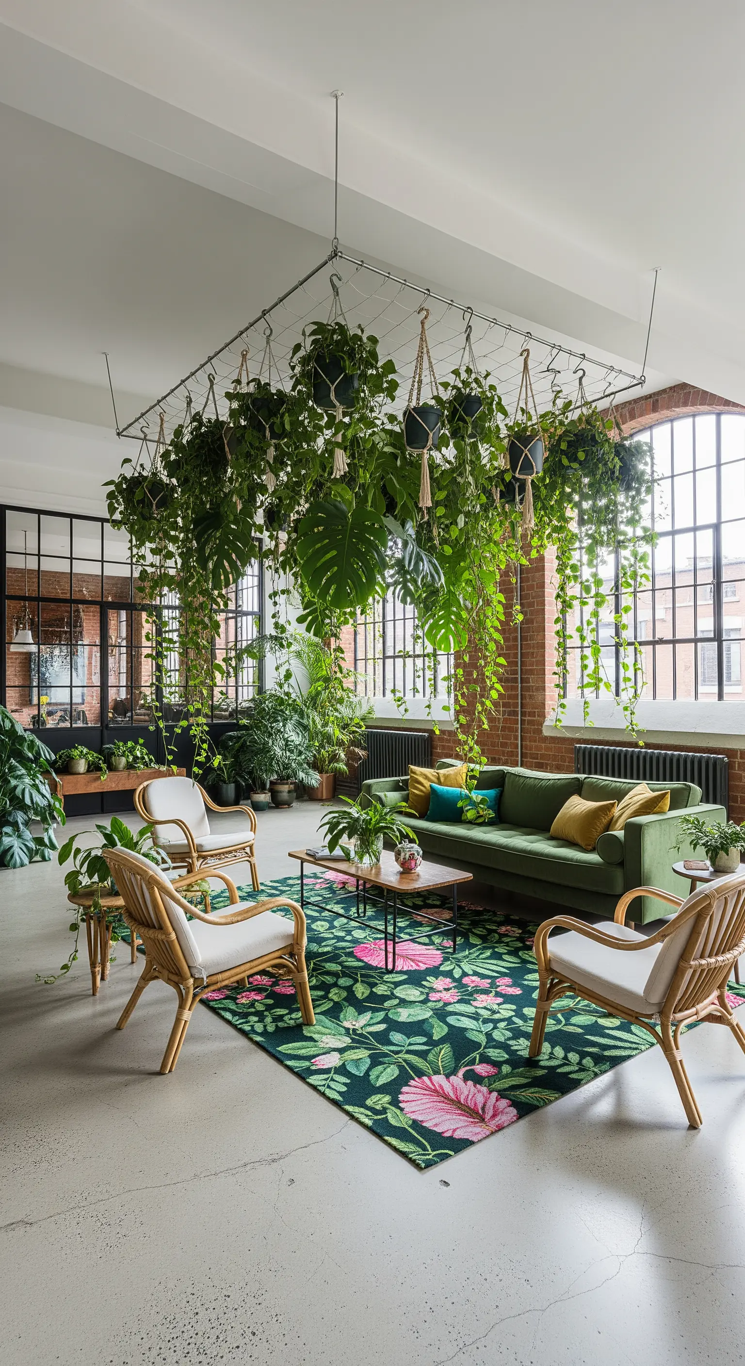 Installazione di piante sospese a una griglia metallica in un salotto industrial con pareti in mattoni.