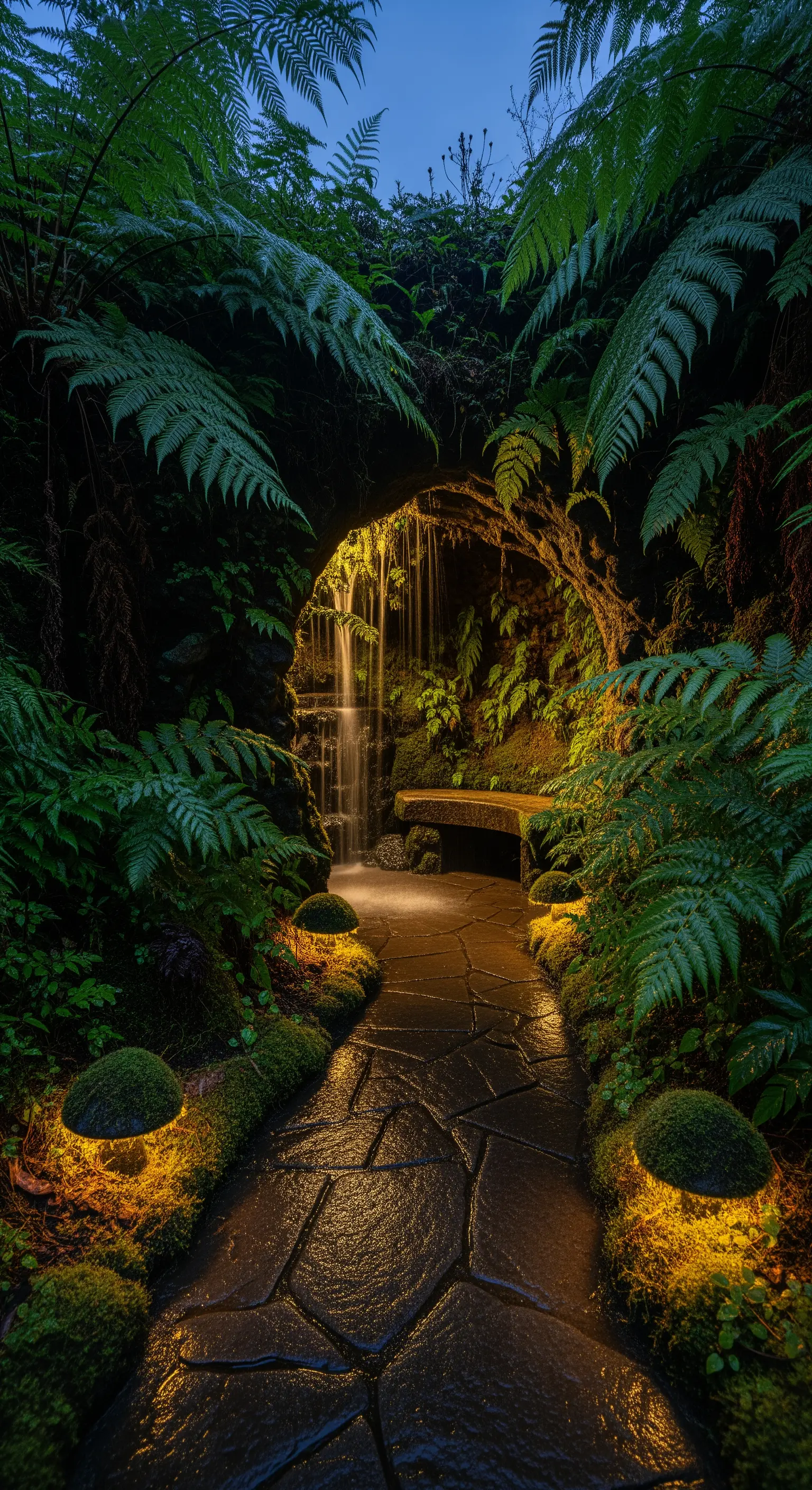 Sentiero in pietra che conduce a una piccola grotta con cascata, circondata da felci e illuminata dal basso