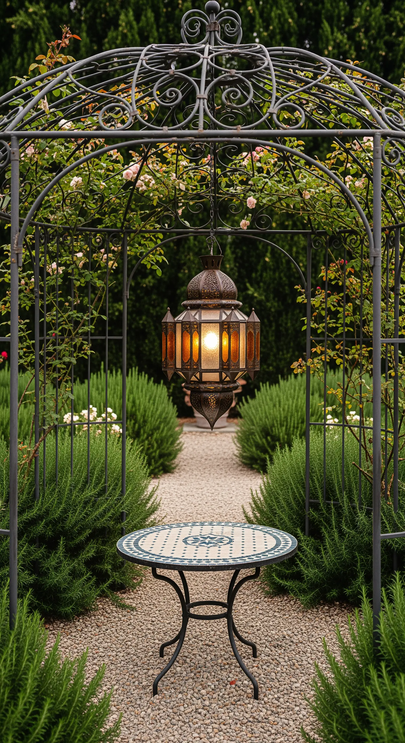 Gazebo in ferro battuto con una grande lanterna marocchina sospesa sopra un tavolino.