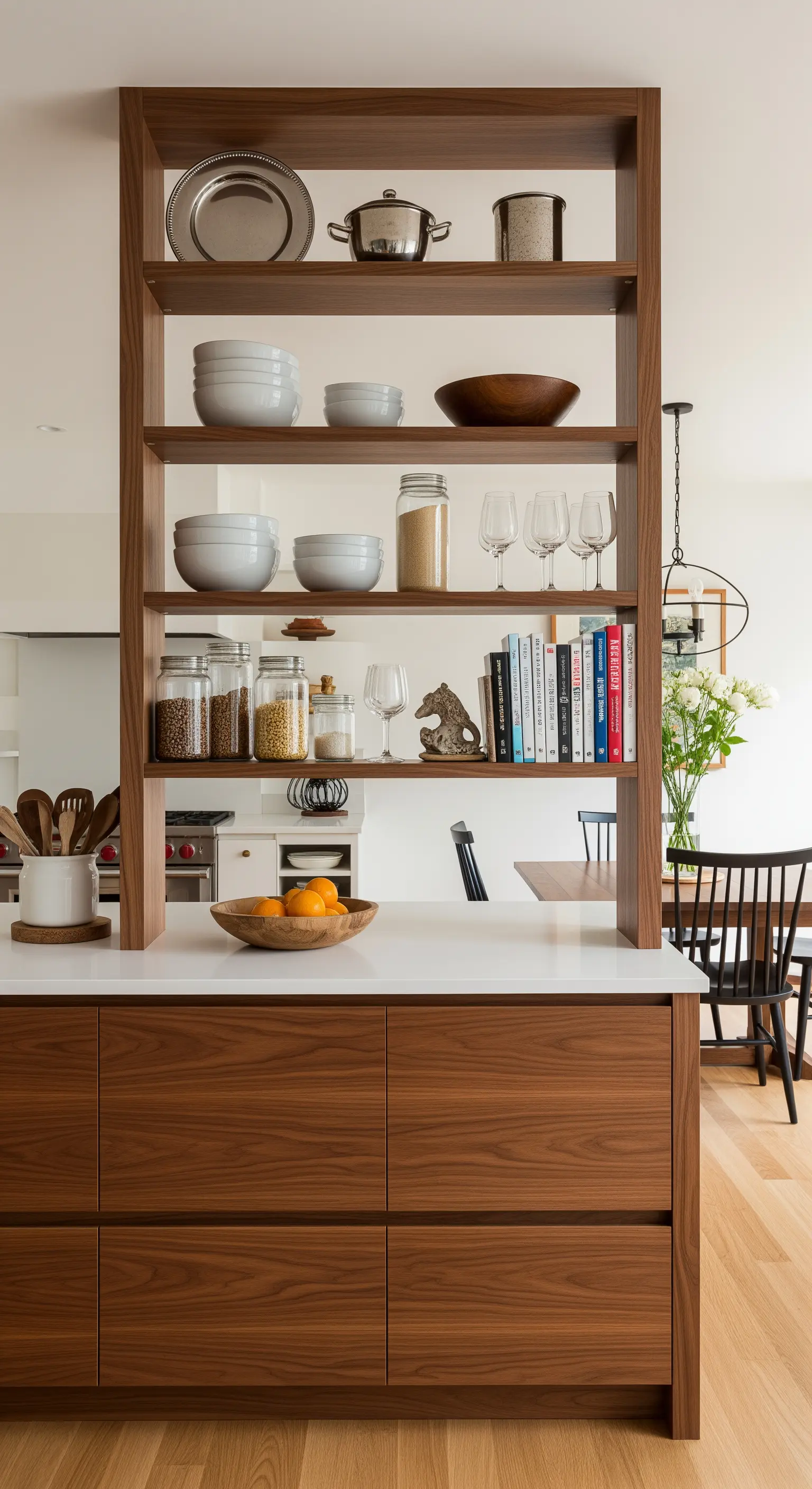 Libreria divisoria in legno tra cucina e zona pranzo con stoviglie e libri.