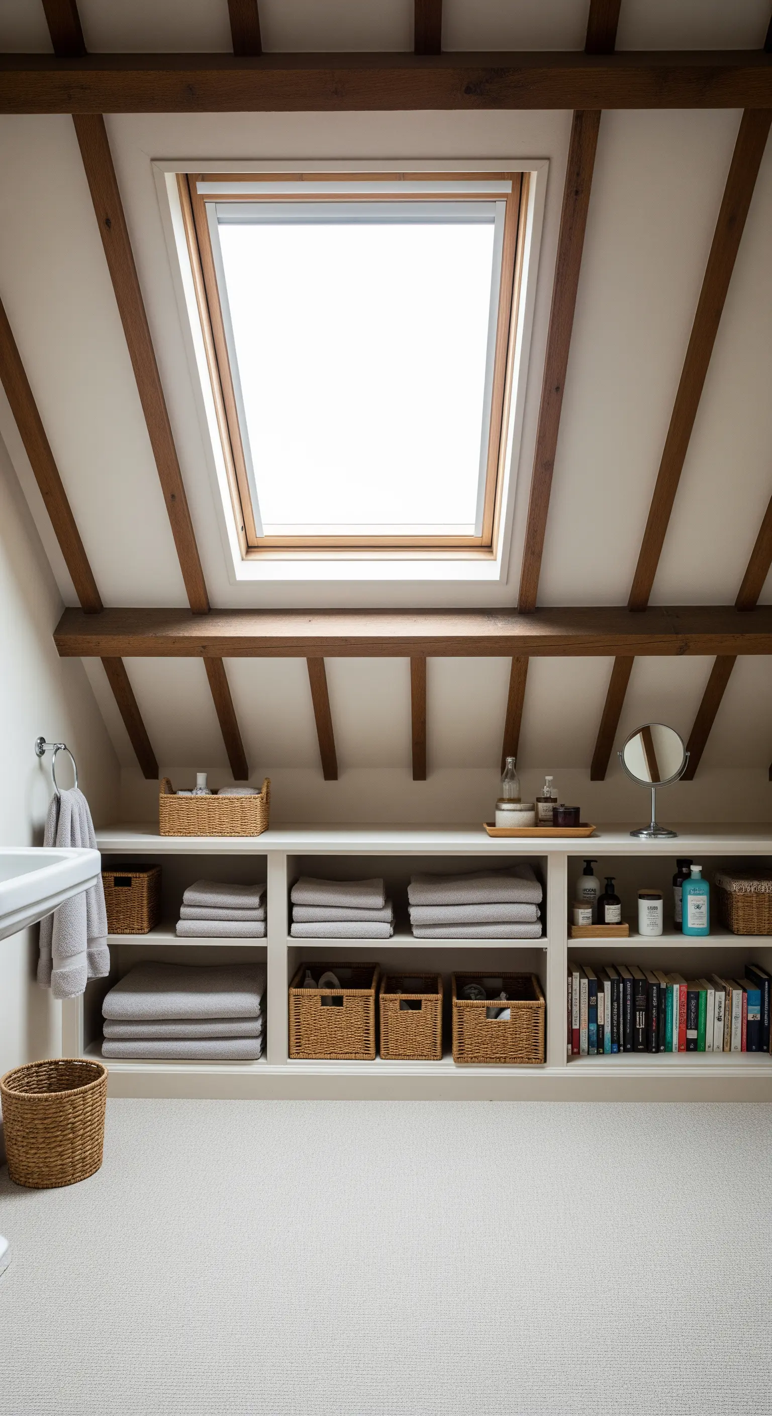 Libreria bassa e bianca in una mansarda con travi a vista, con cesti e libri.