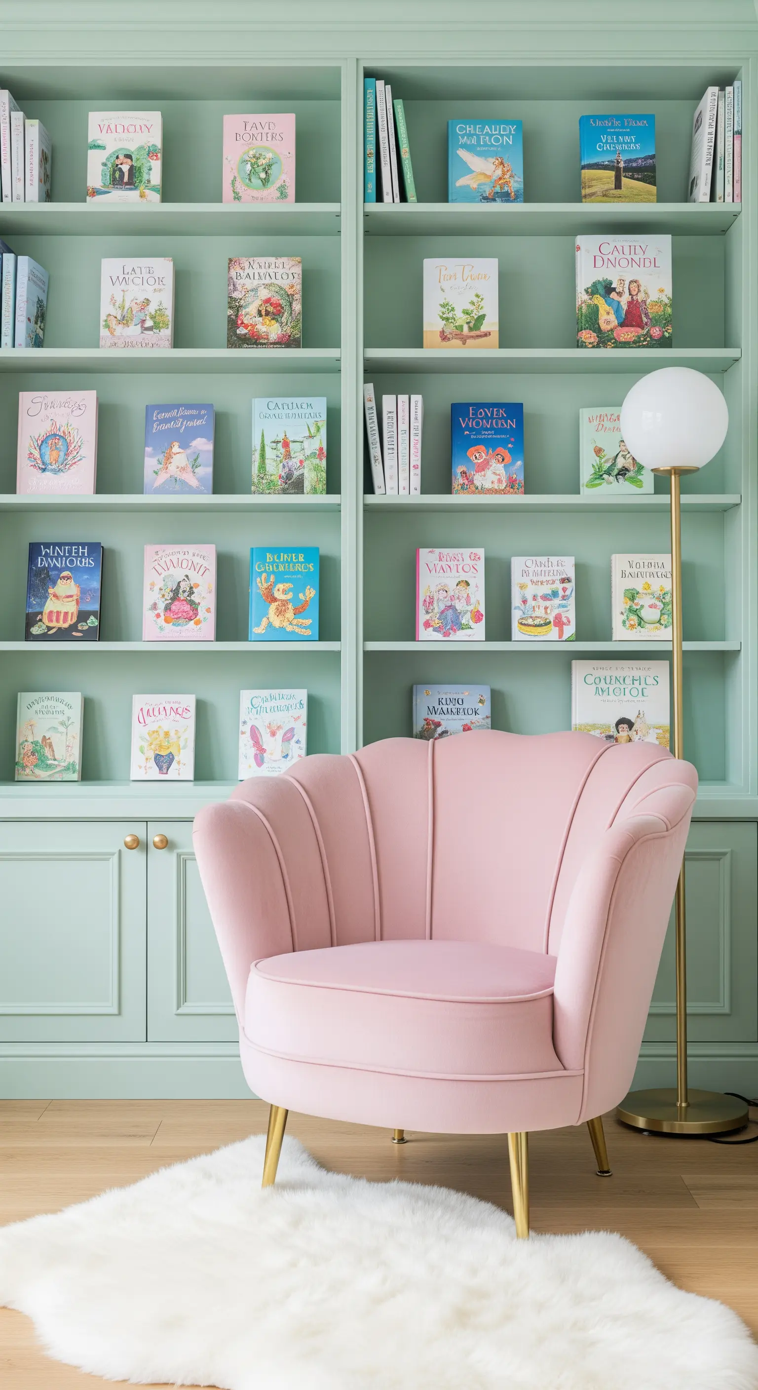 Libreria verde menta con libri per bambini esposti e una poltroncina in velluto rosa.