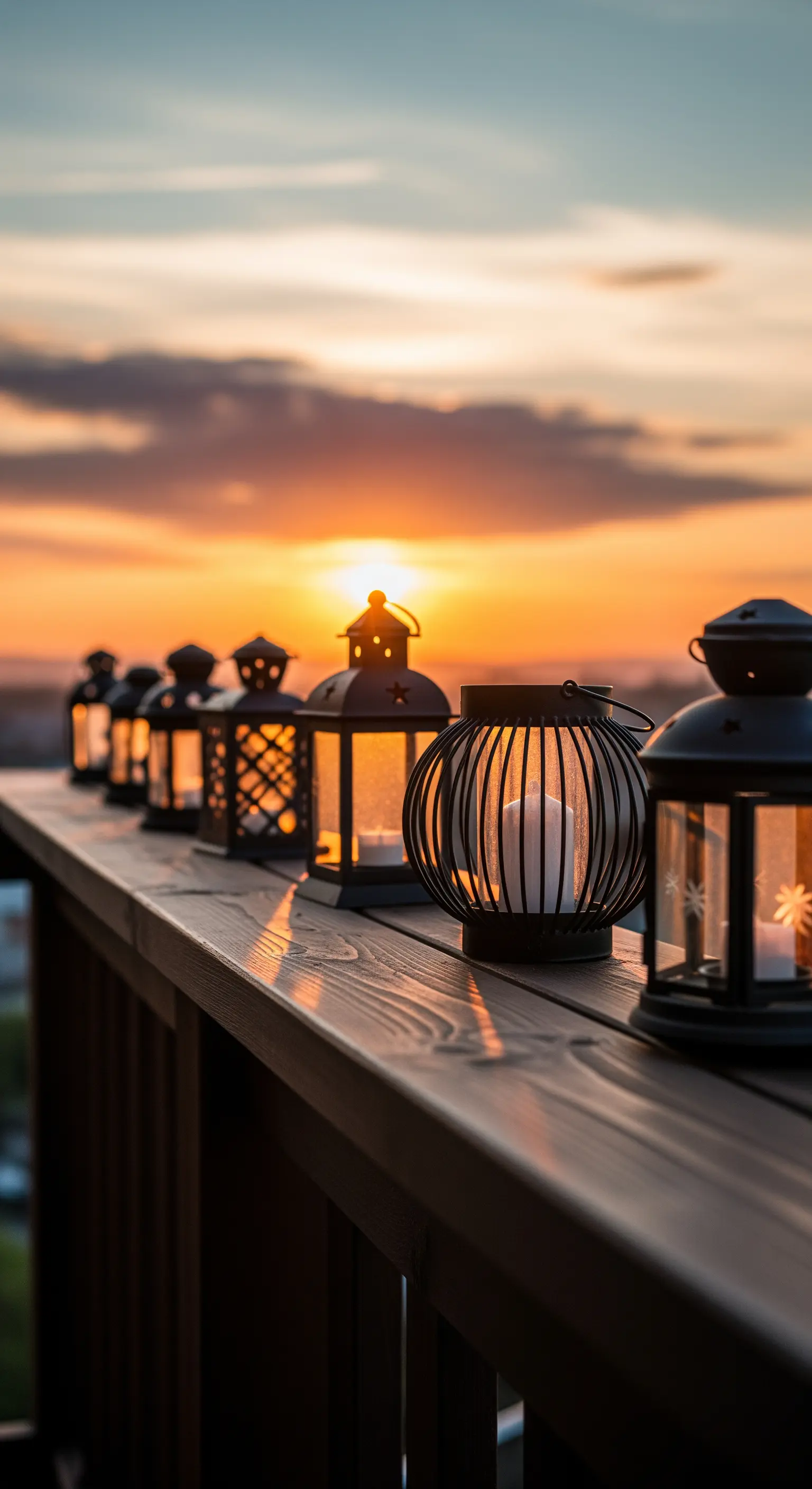 Fila di piccole lanterne decorative appoggiate sulla ringhiera di un balcone al tramonto.