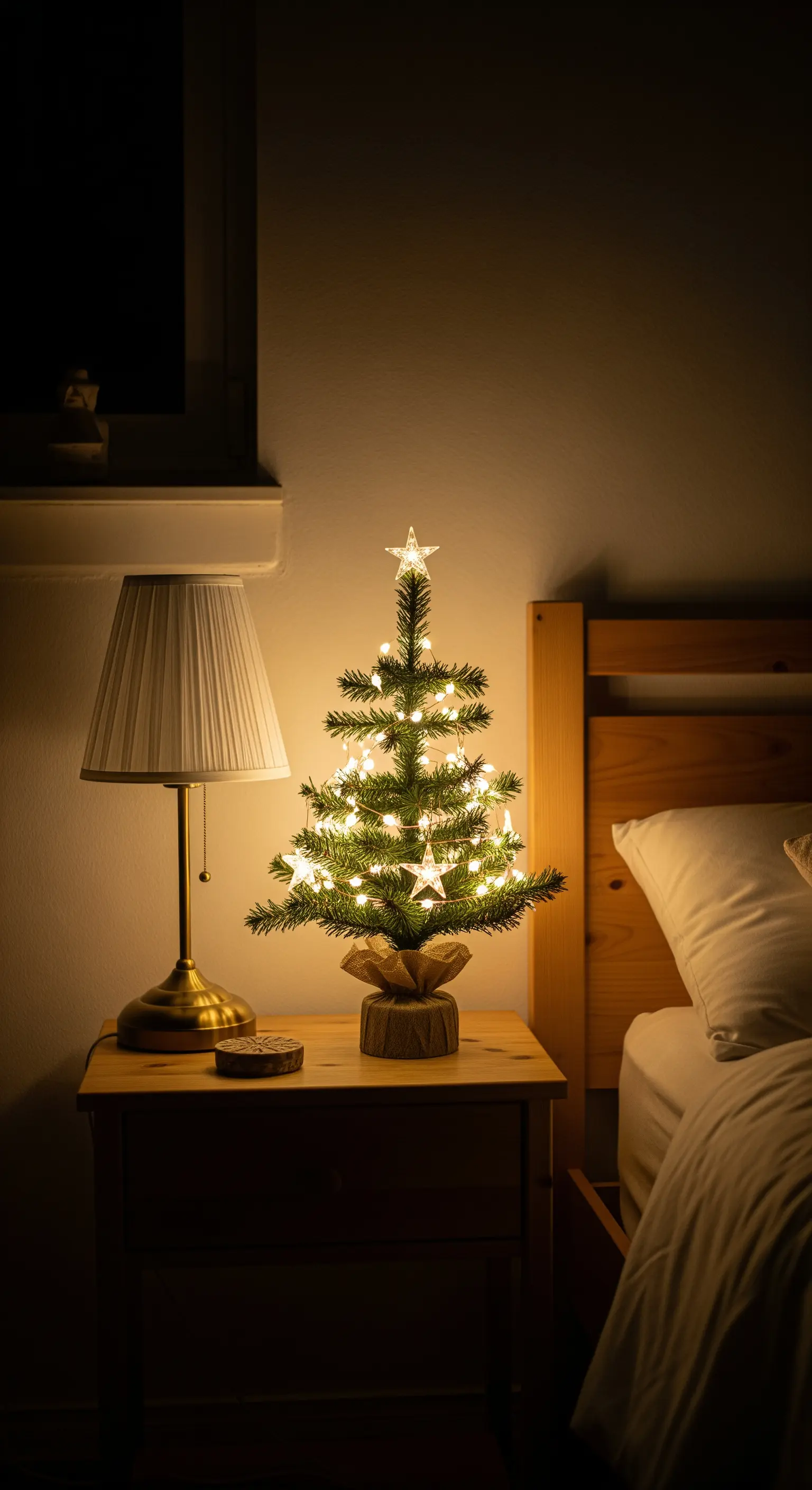 Mini albero di Natale illuminato su un comodino accanto a un letto