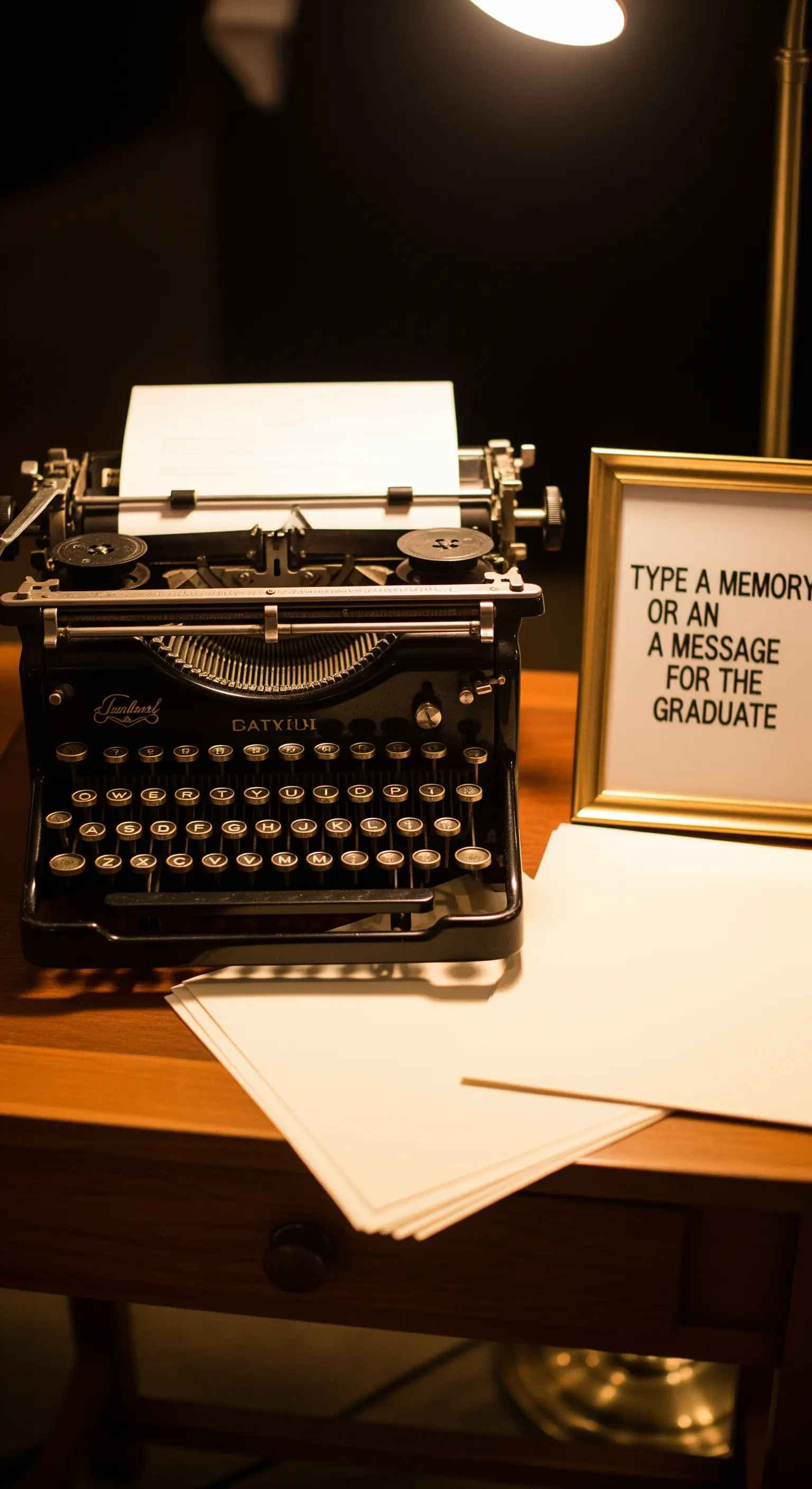 Angolo guest book con una macchina da scrivere vintage, fogli bianchi e una cornice con istruzioni