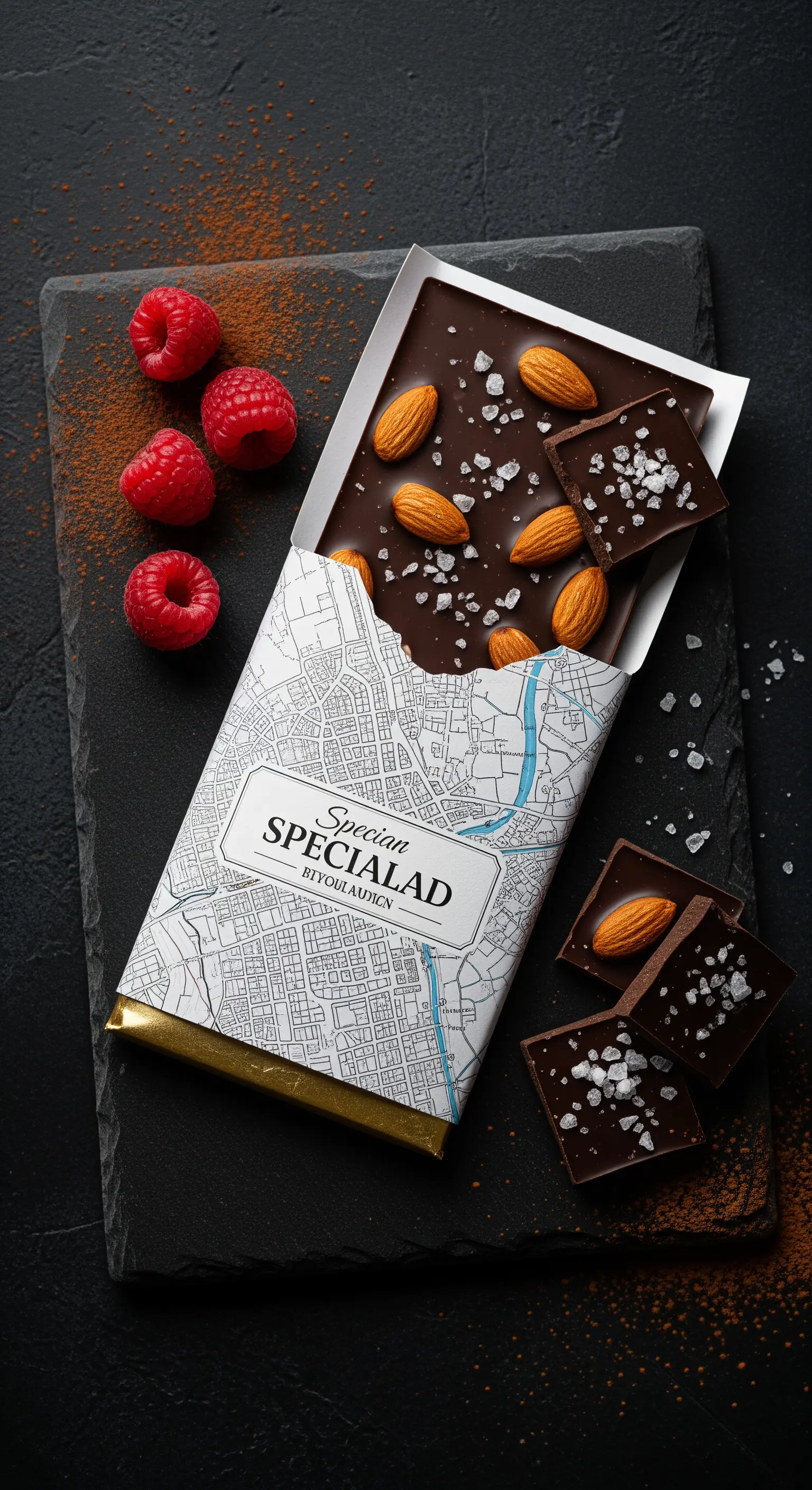 Tavoletta di cioccolato fondente con mandorle e incarto personalizzato con una mappa.