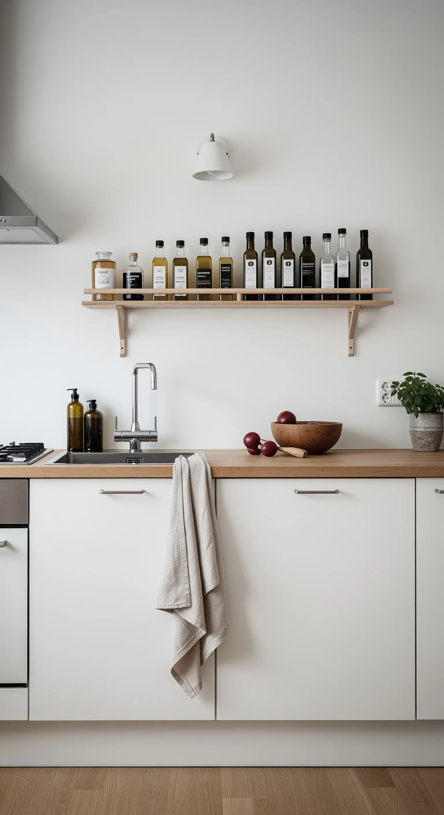 Mensola in legno chiaro sopra il lavello con bottiglie di olio e aceto ordinate.