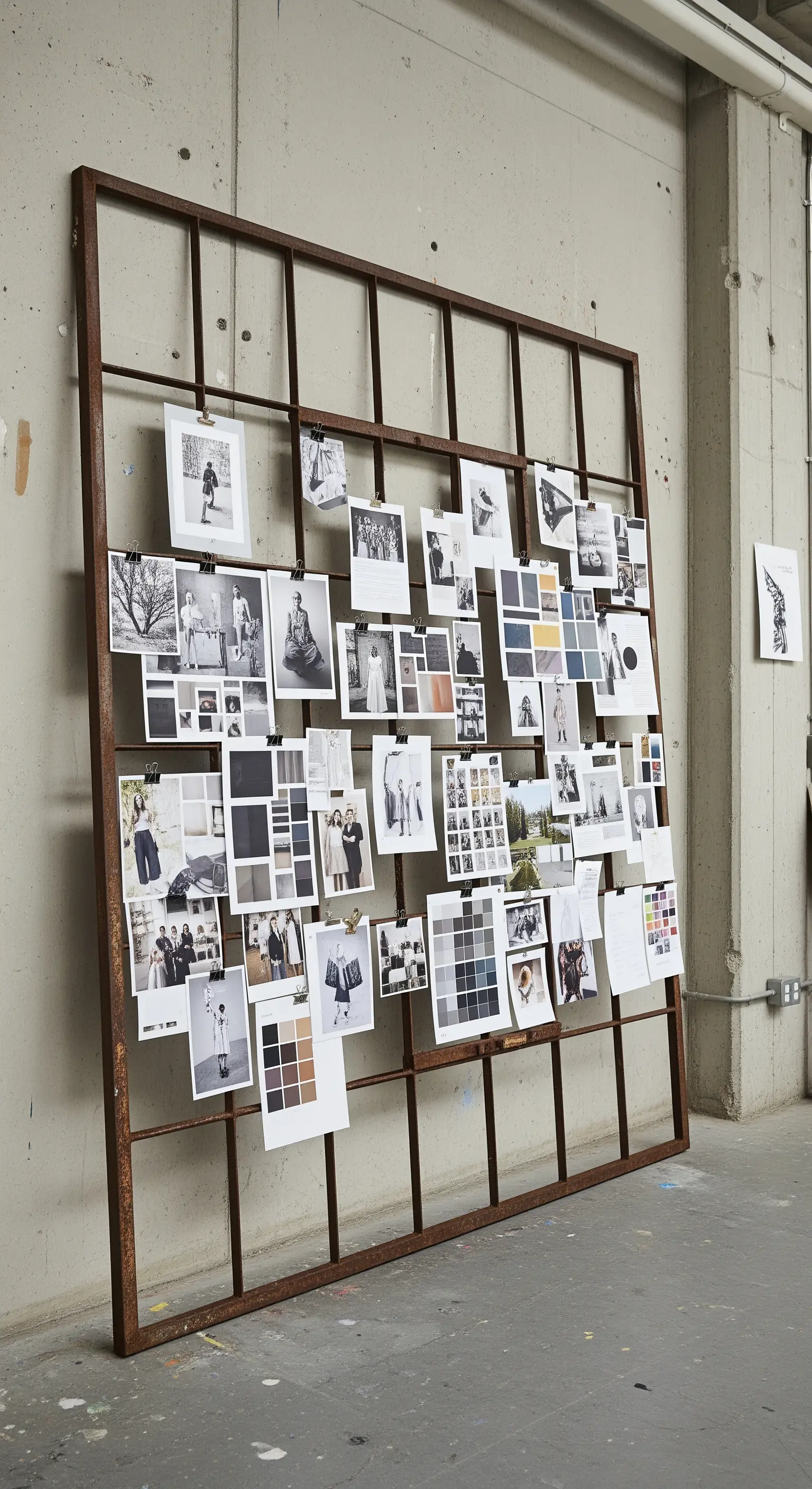 Grande telaio di una finestra industriale arrugginita usato come moodboard in uno studio creativo.