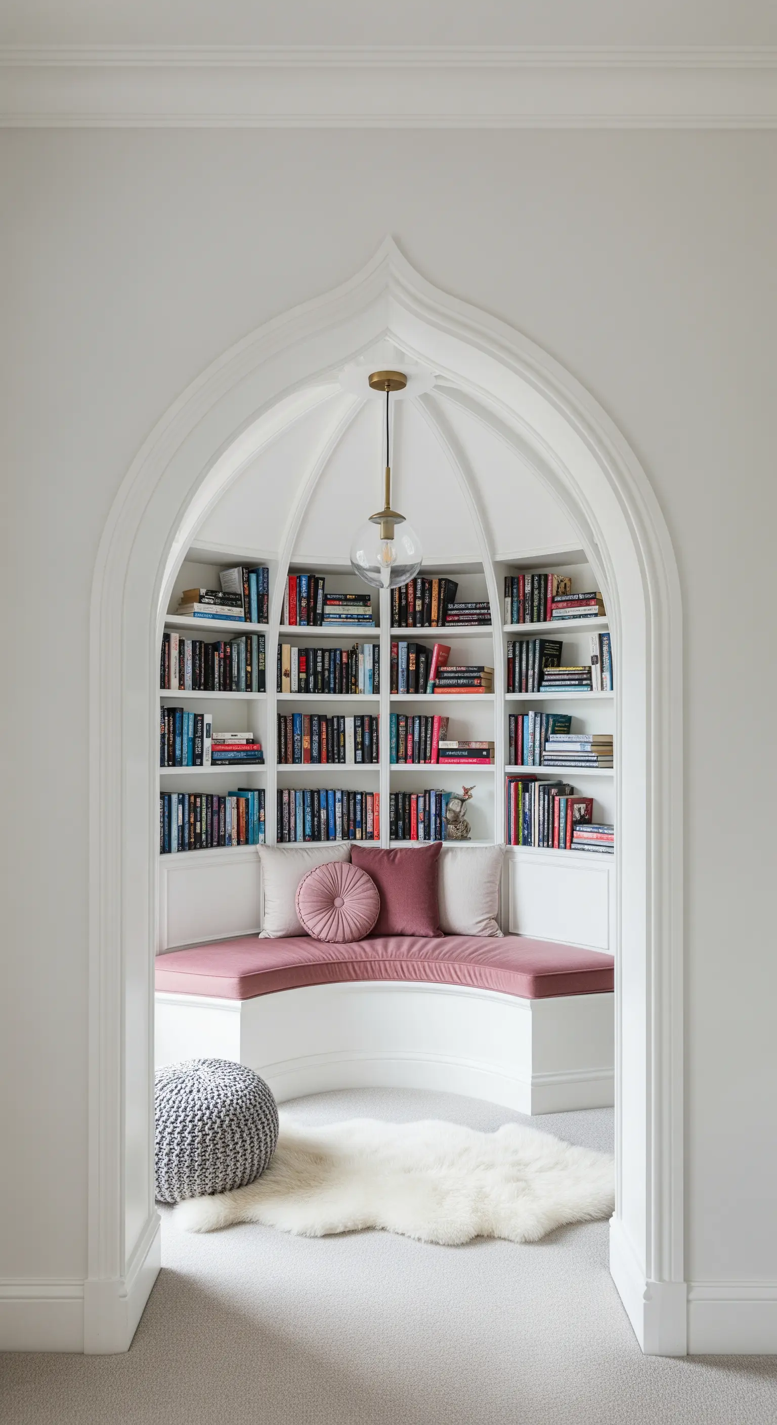 Nicchia ad arco con panca curva rosa e librerie bianche integrate.
