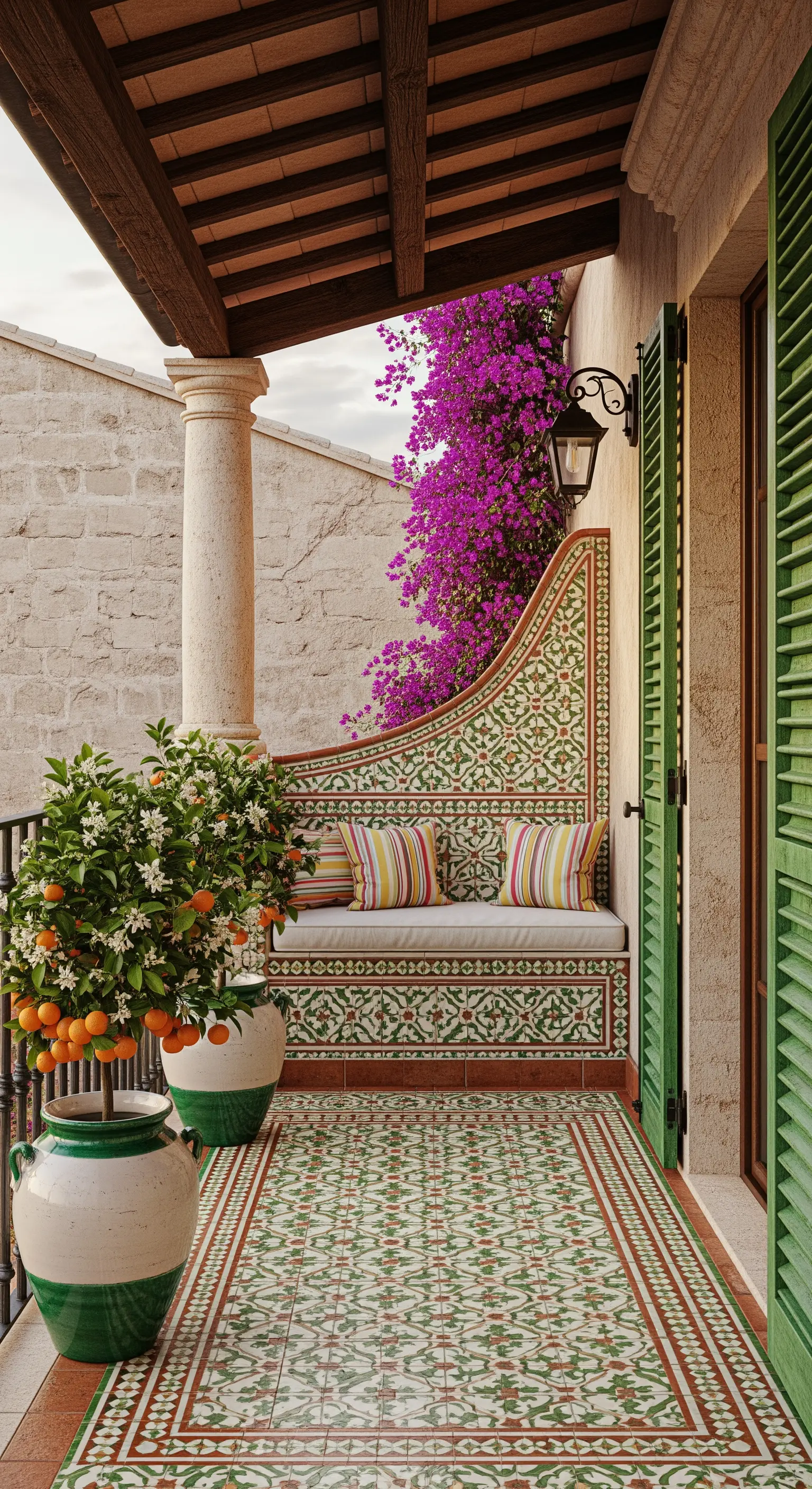 Balcone con panca in muratura rivestita di maioliche, persiane verdi e una pianta di arancio.