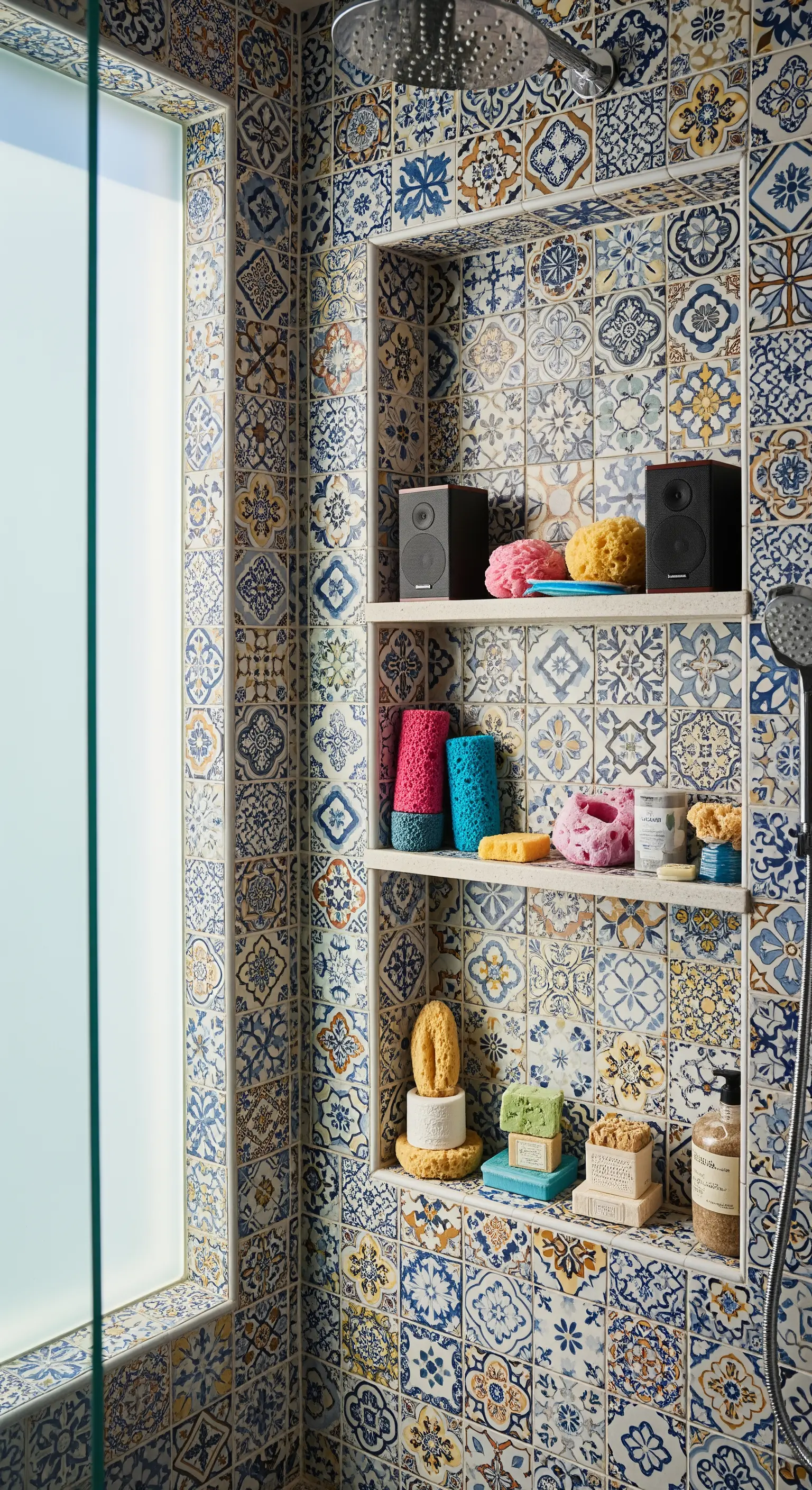 Nicchia nella doccia rivestita con piastrelle di maiolica colorate, con spugne e saponi.