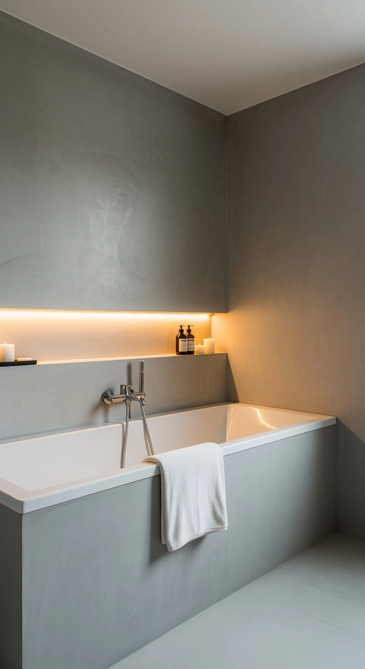 Vasca da bagno integrata in microcemento con una nicchia illuminata da una luce calda.