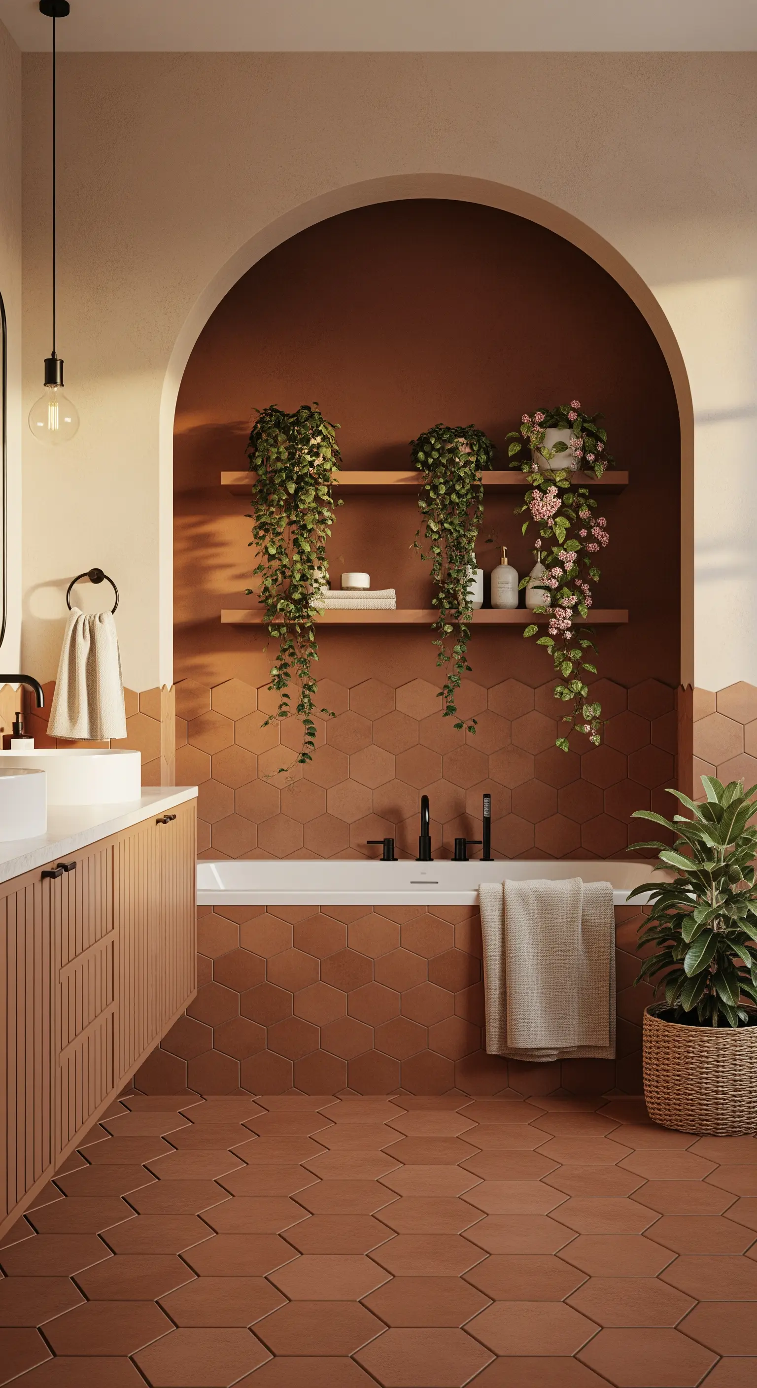 Bagno in terracotta con nicchia ad arco e piante pensili sopra la vasca.