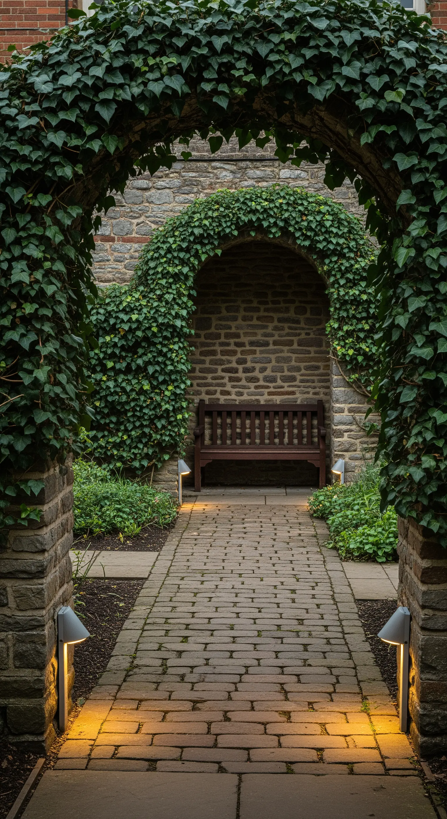 Panca in legno in una nicchia di pietra ricoperta d'edera, al termine di un sentiero in mattoni illuminato