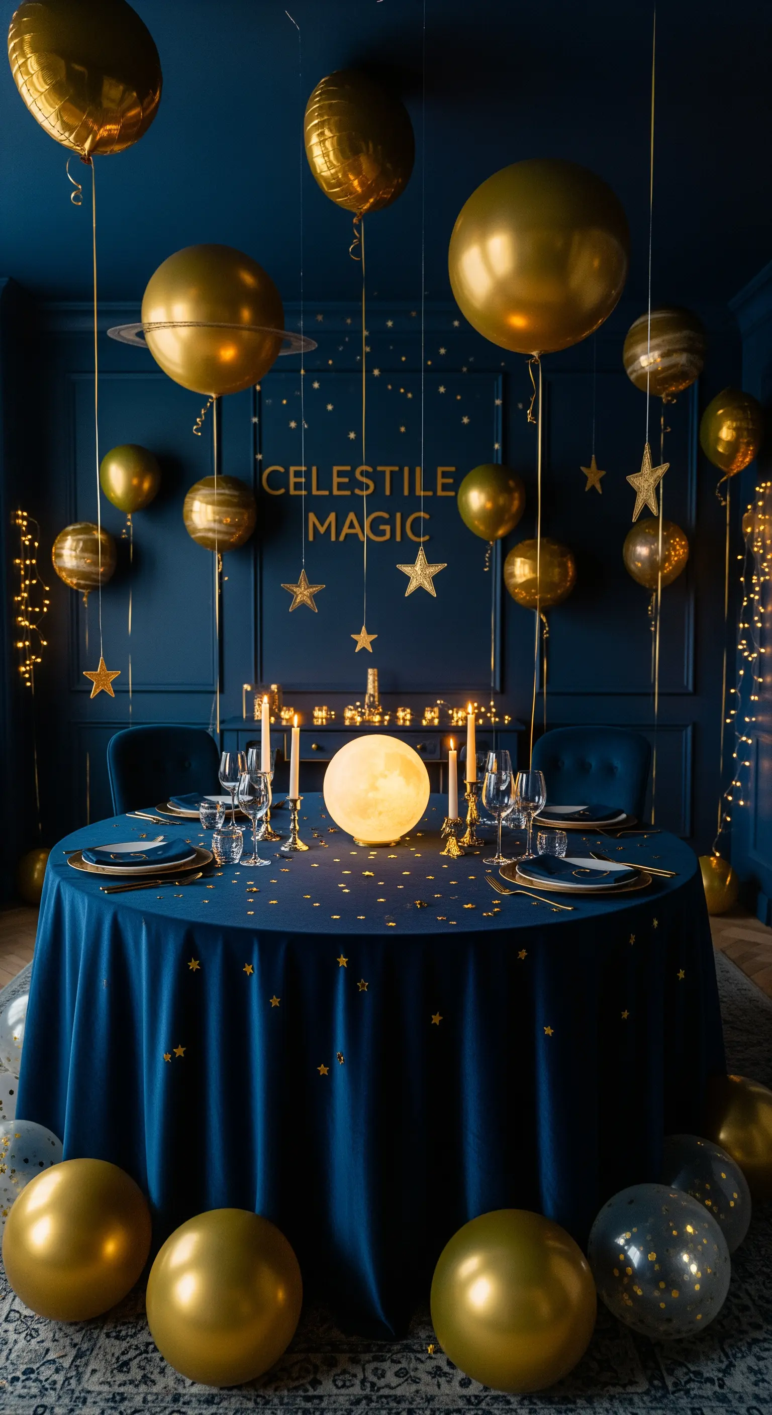 Tavola a tema celestiale con tovaglia blu, palloncini-pianeta e una luna luminosa.