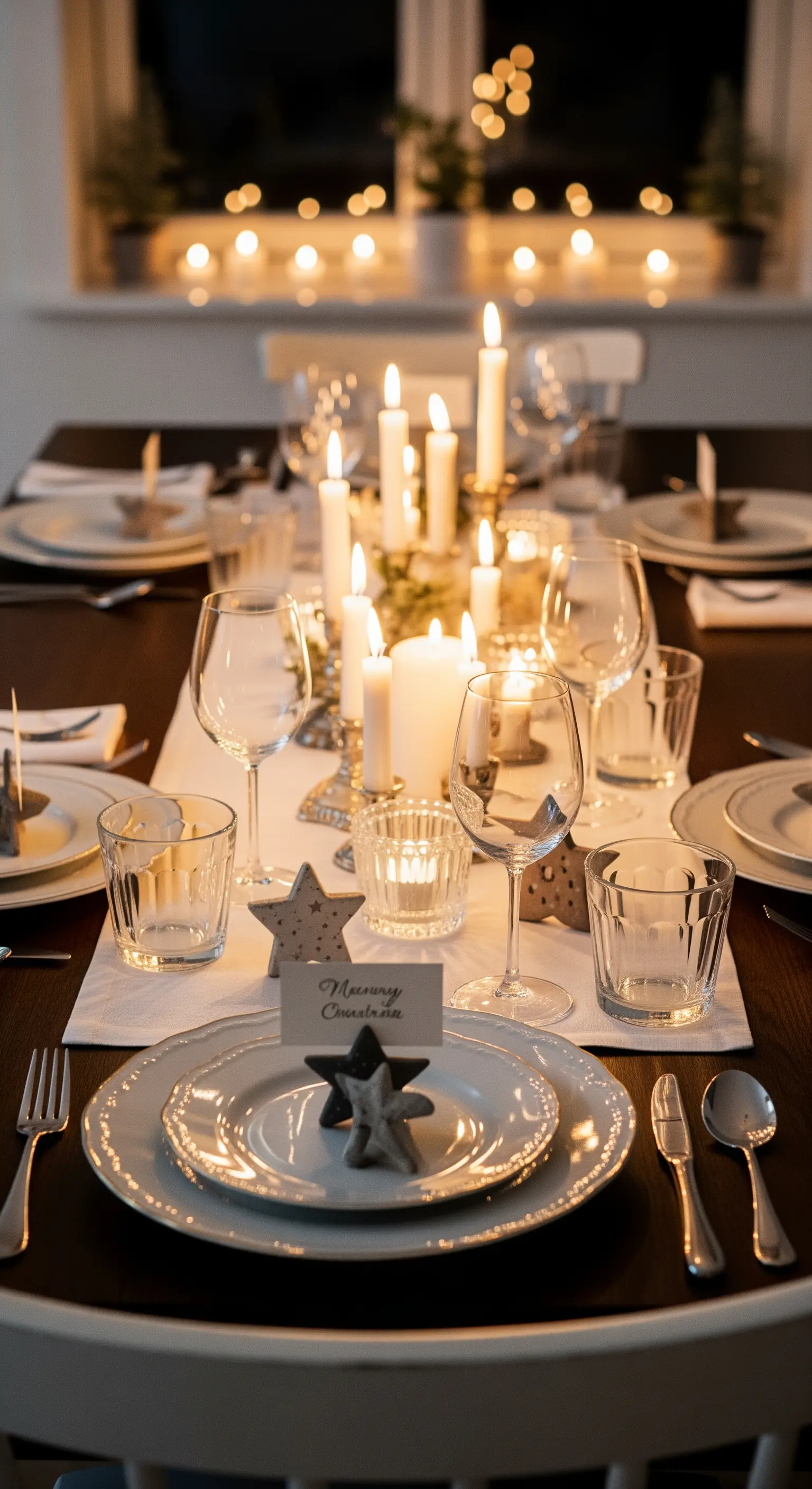 Tavola natalizia elegante illuminata da molte candele e segnaposto a forma di stella.