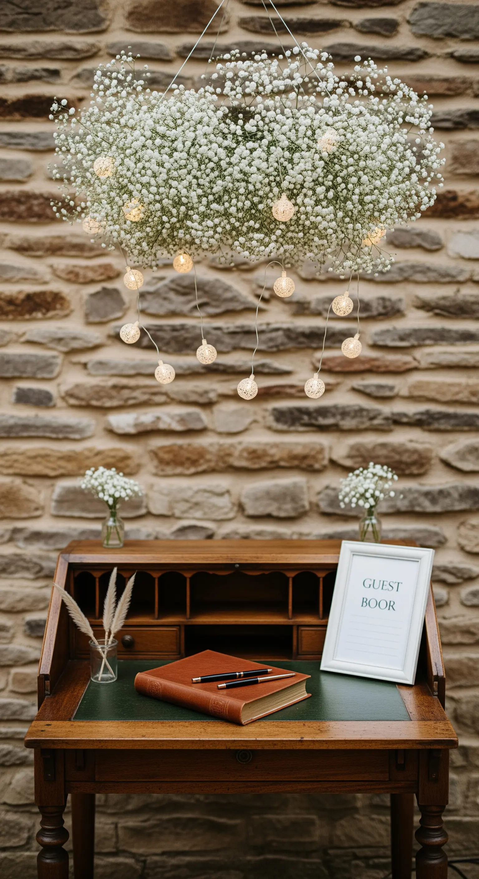 Angolo guest book con una composizione sospesa di gypsophila e piccole luci.