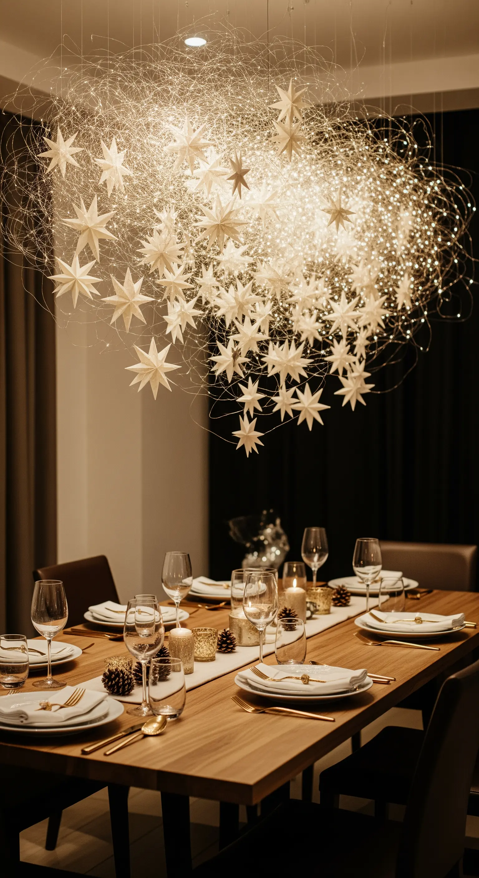 Installazione luminosa con centinaia di luci e stelle di carta sopra un tavolo da pranzo