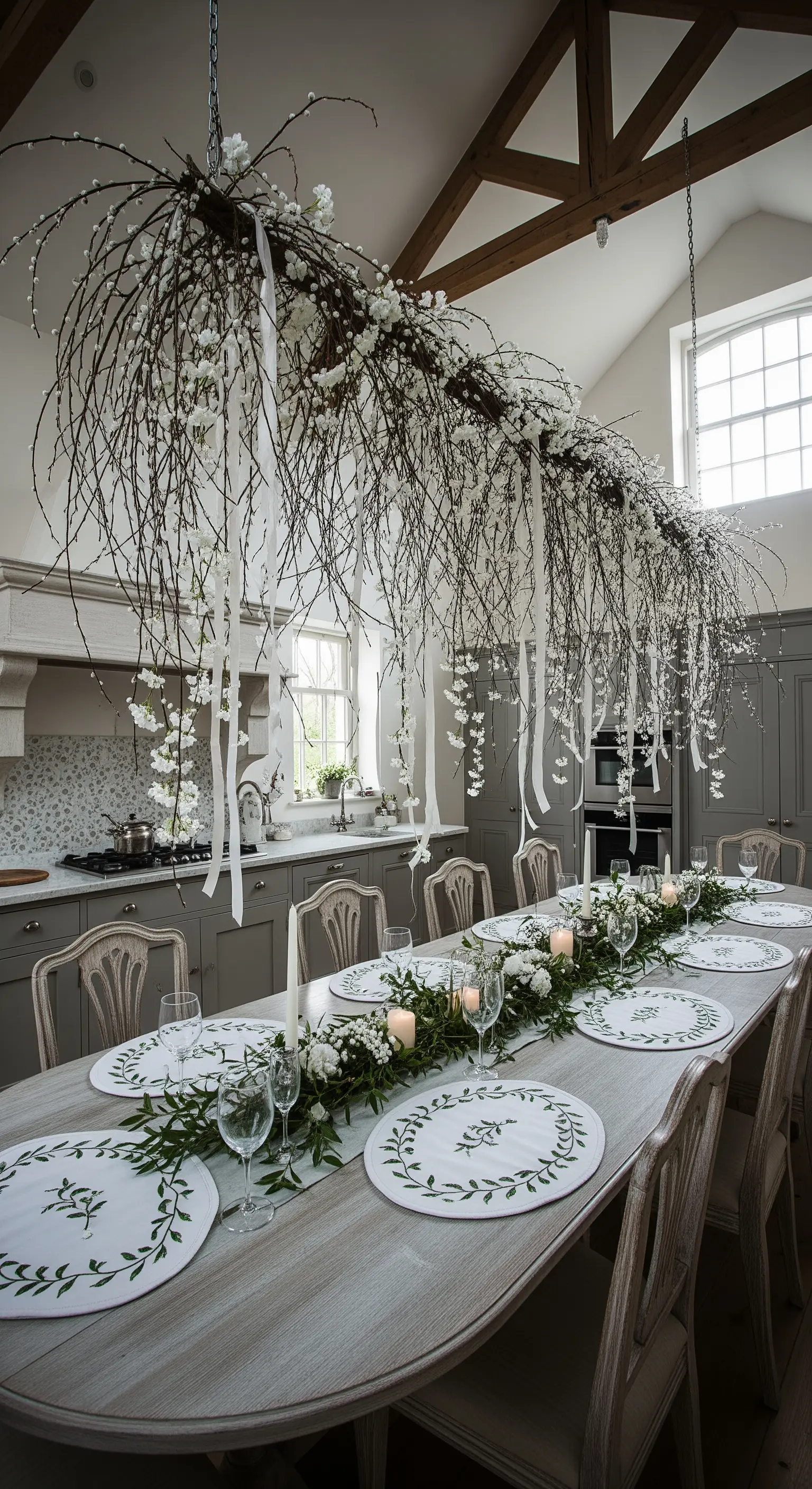Grande installazione di rami secchi, fiori bianchi e nastri sospesa sopra un lungo tavolo da pranzo.