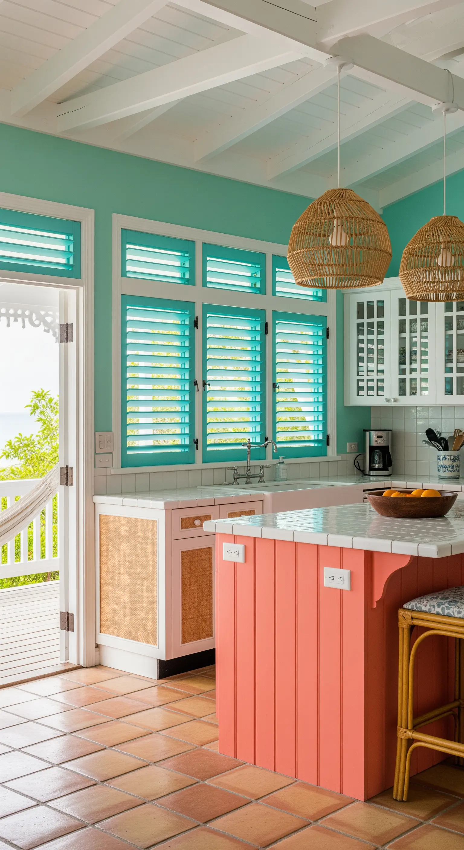 Cucina colorata con isola corallo, persiane verde acqua e pavimento in cotto.