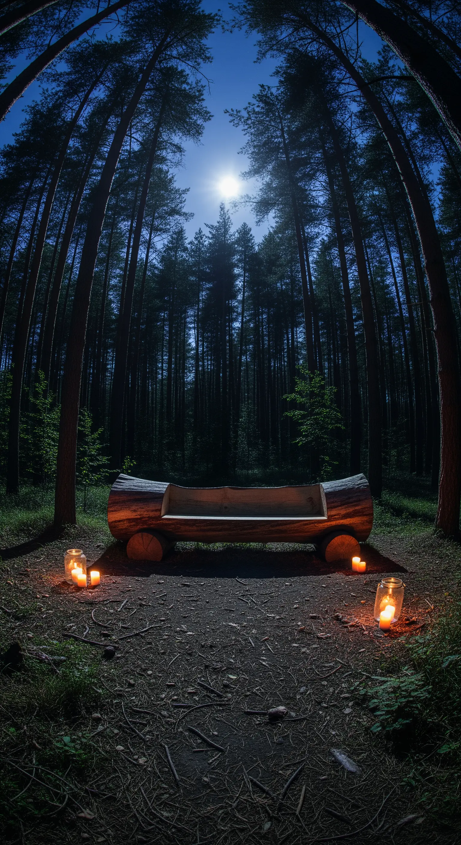 Panchina rustica ricavata da un tronco d'albero in una foresta di notte, illuminata da candele in barattoli.
