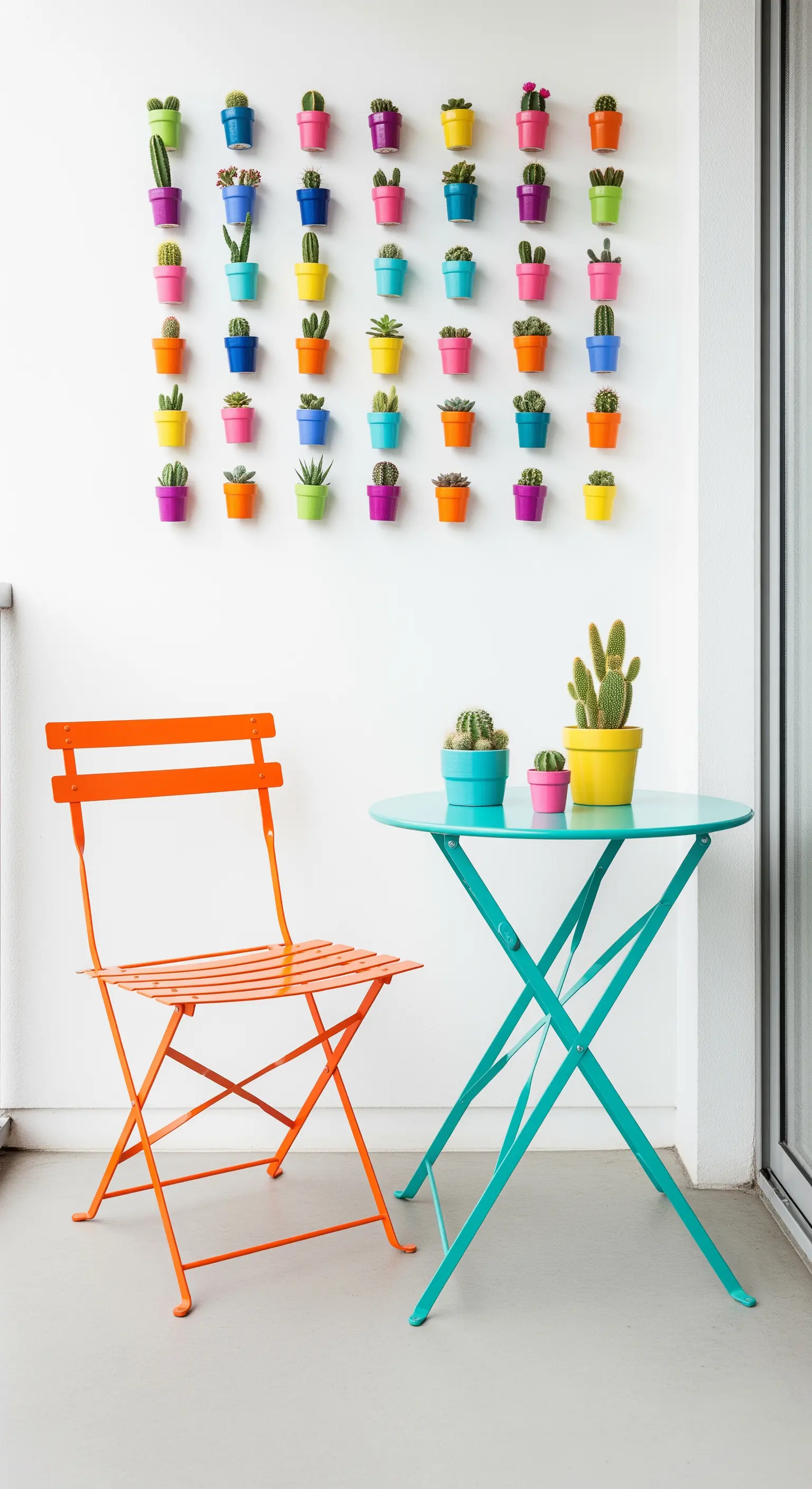 Parete bianca decorata con una griglia di piccoli vasi di cactus colorati, con arredi coordinati.